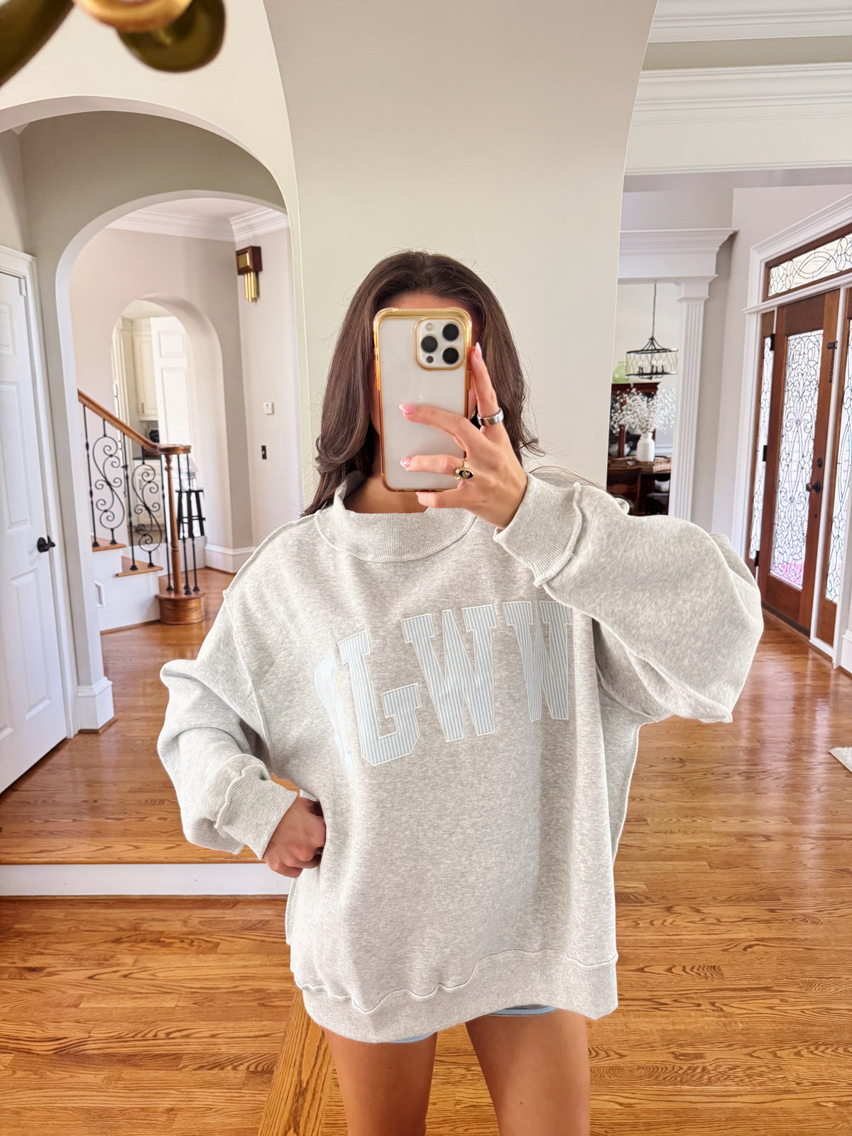 WWJD Embroidered Sweatshirt- Heather Grey/Blue Stripe