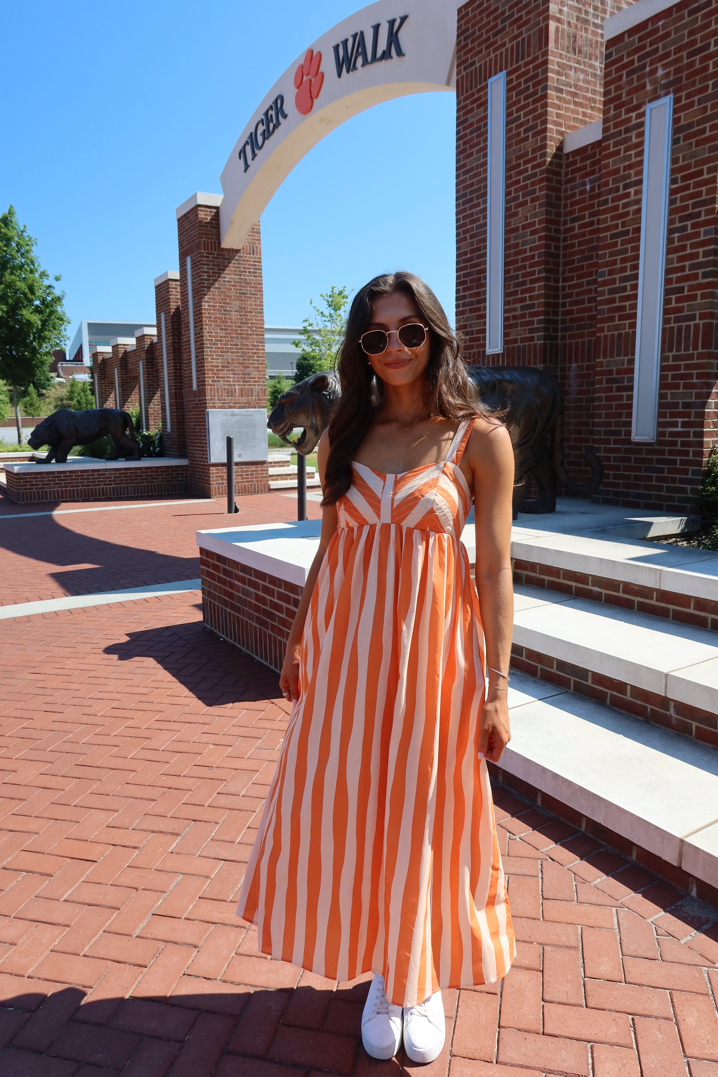 Sideline Stripe Midi Dress- Orange/Cream