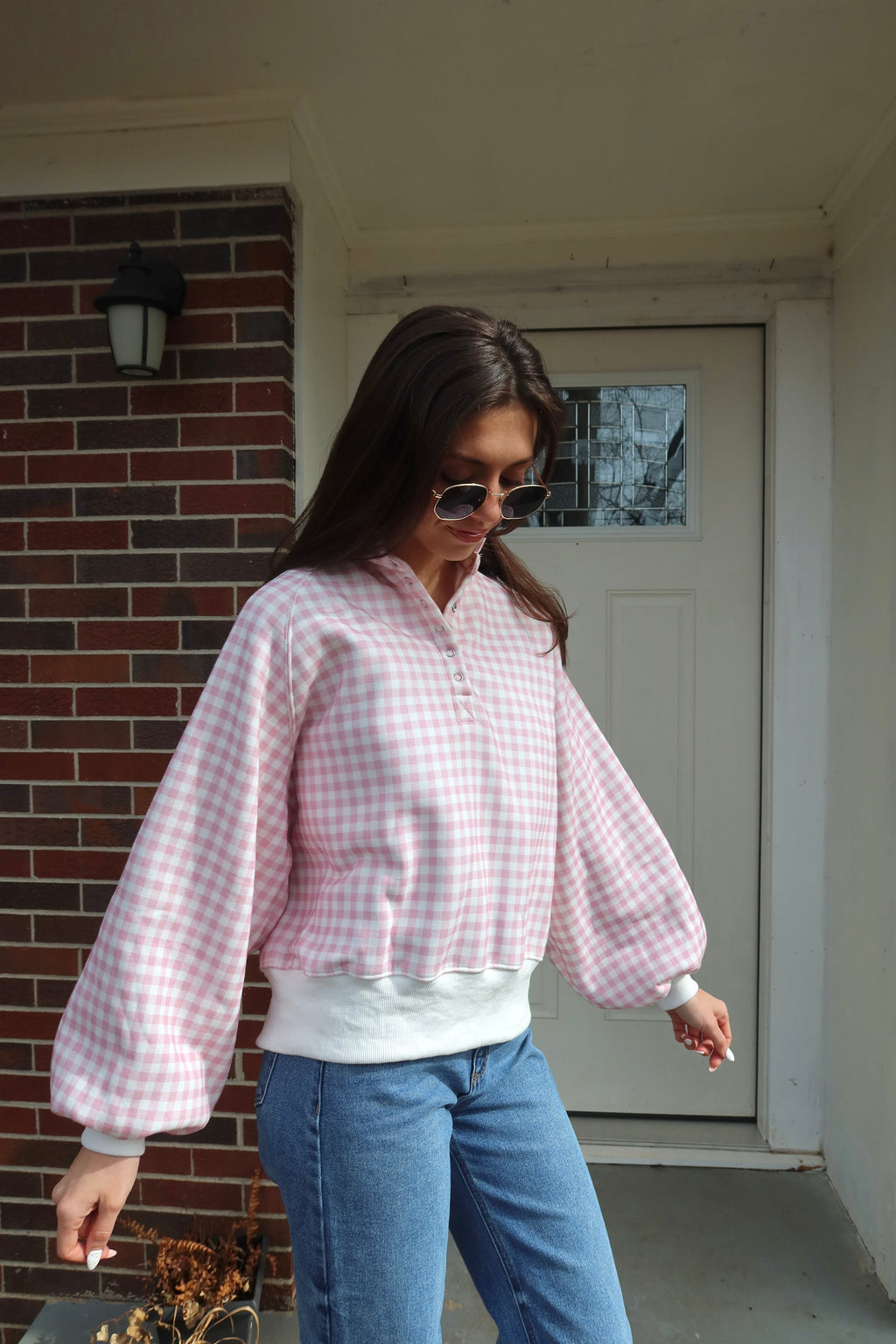 Checkered Snap Pullover- Pink/White
