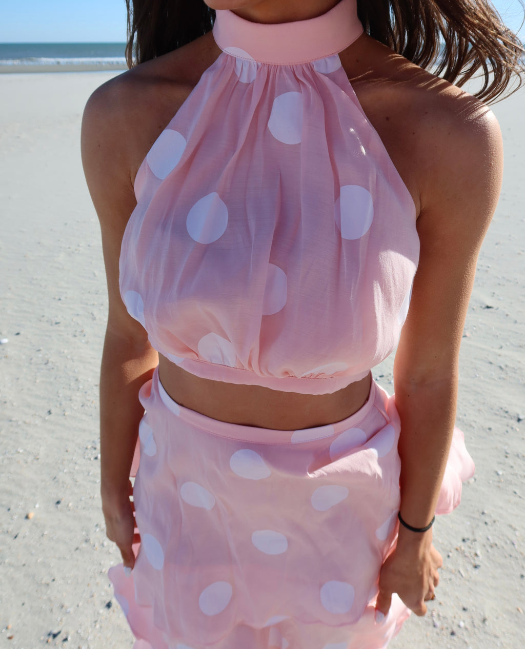 Darling Dot Halter Neck Skirt Set- Pink