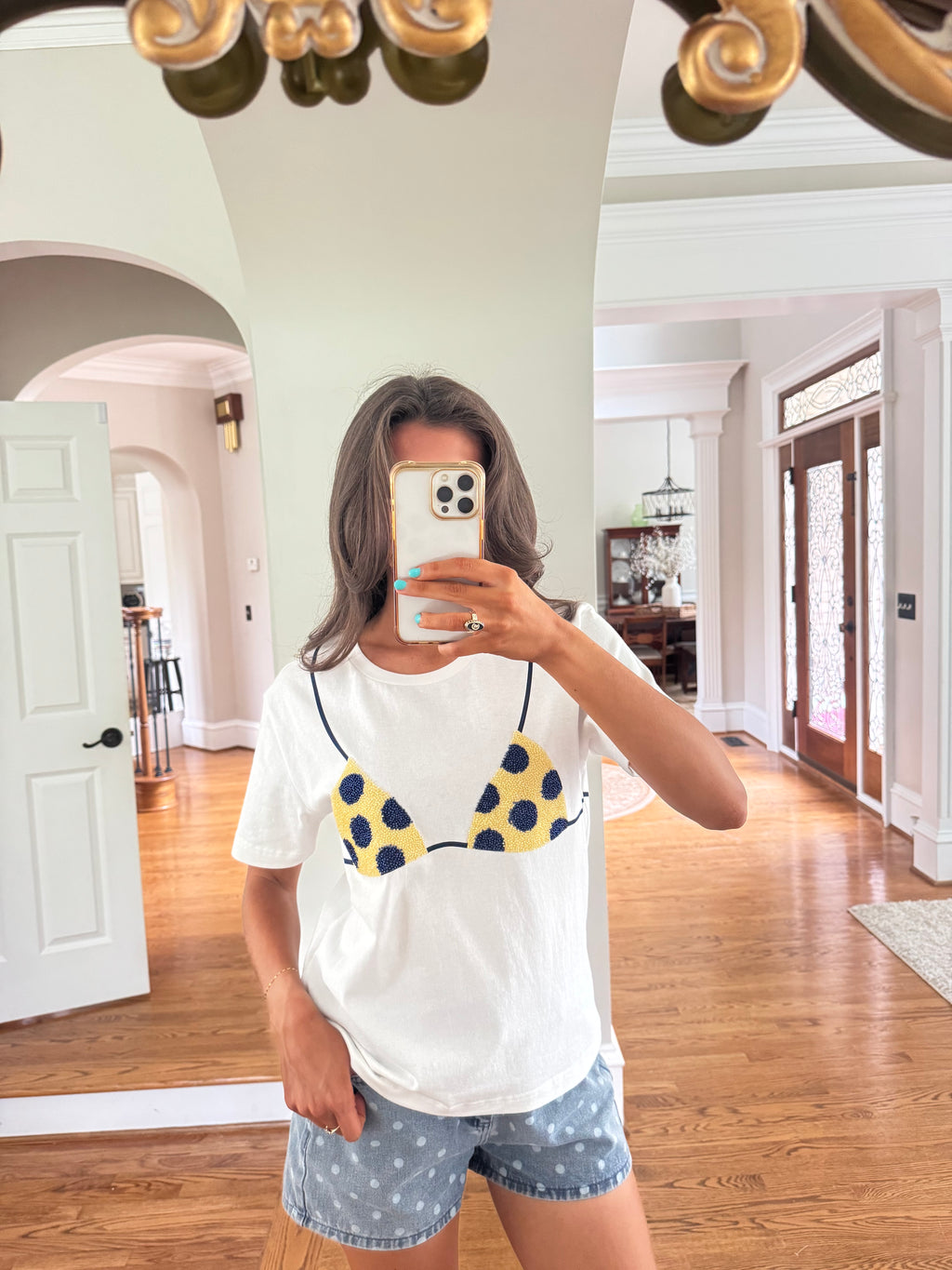 Beaded Polka Dot Bikini Tee- Ivory/Blue/Yellow