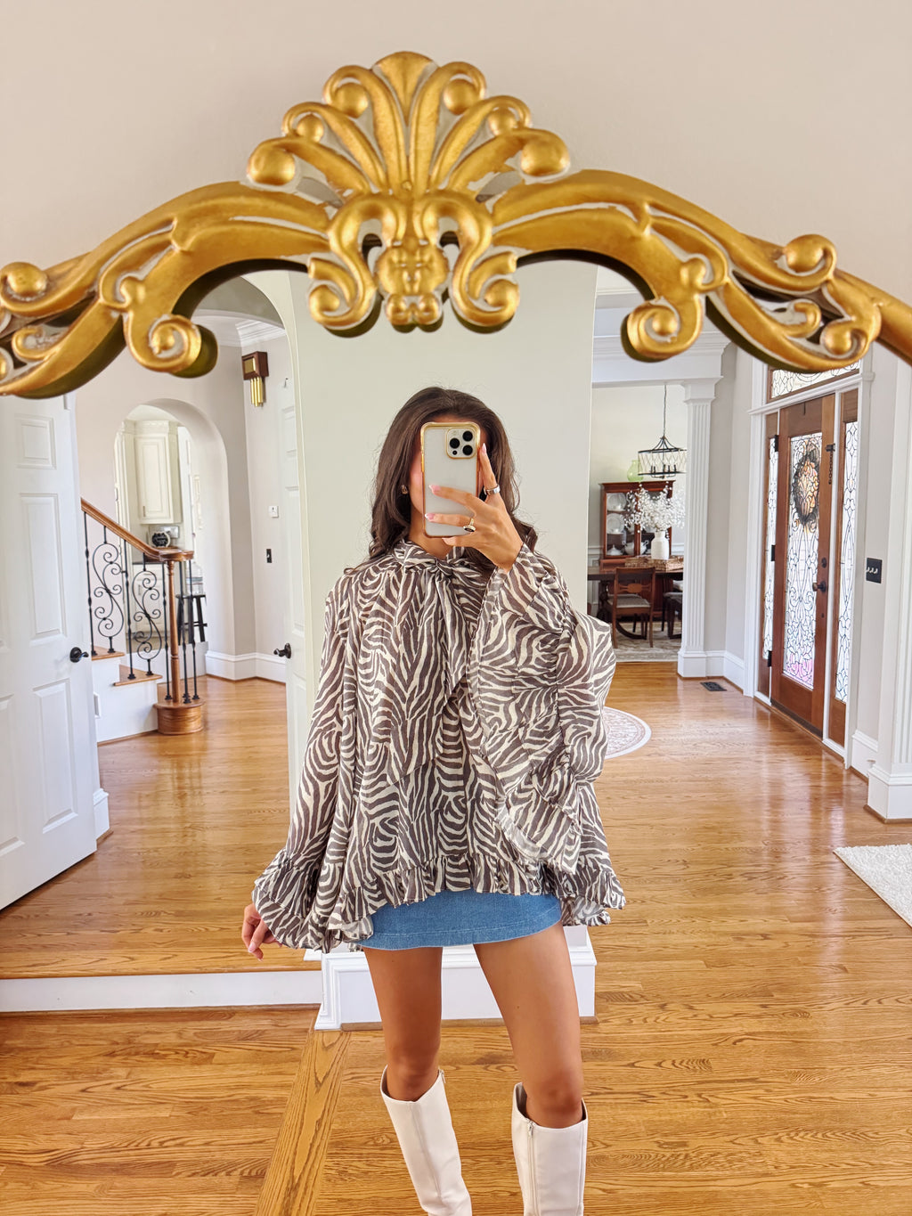 Savanna Zebra Ruffle Blouse- Taupe Grey/Cream