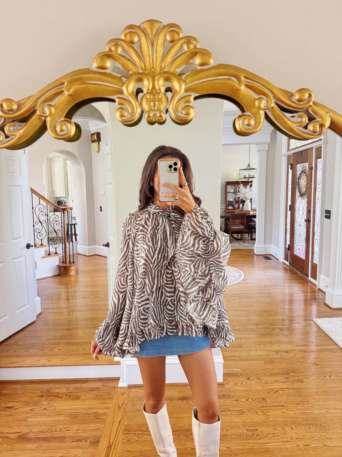 Savanna Zebra Ruffle Blouse- Taupe Grey/Cream