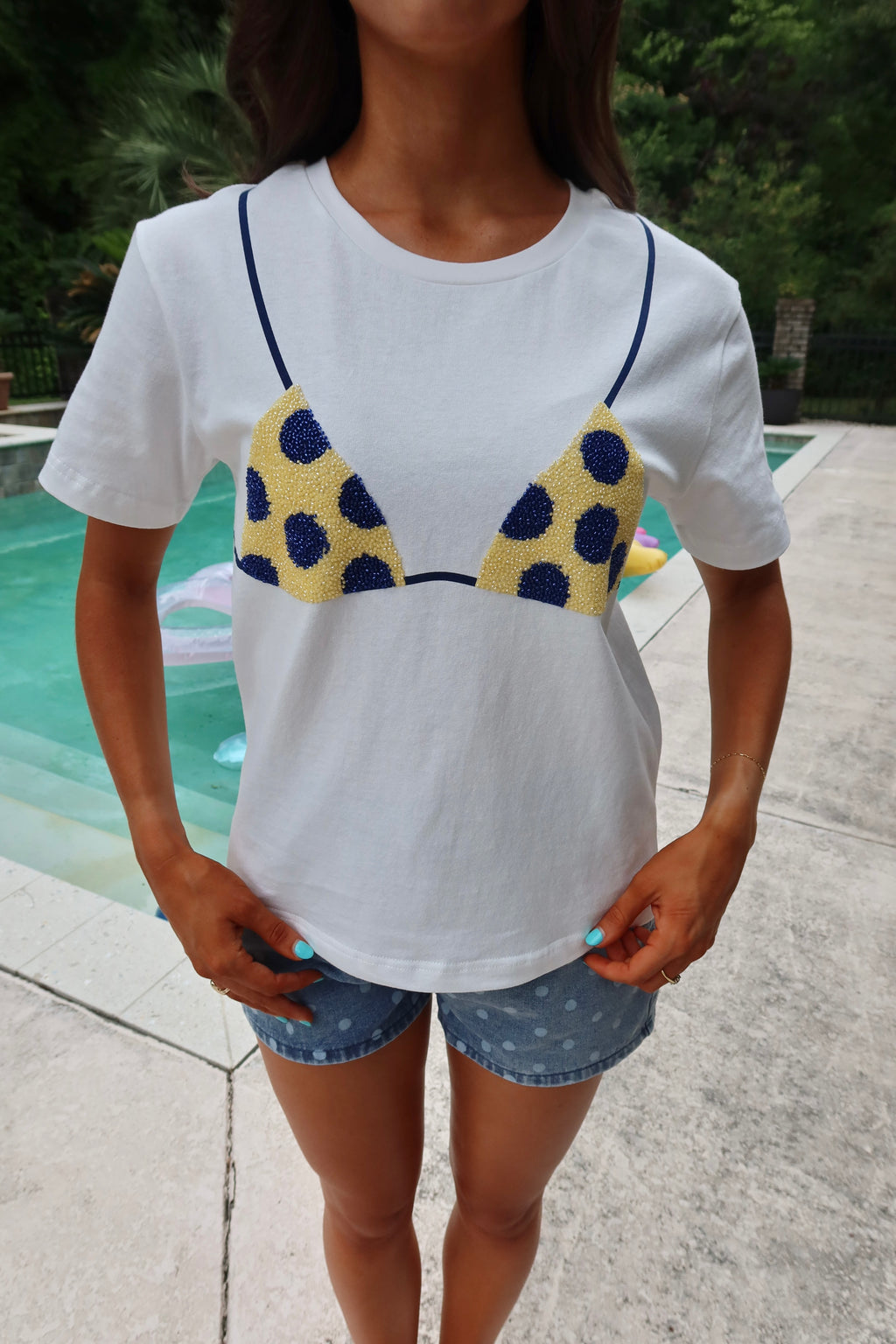 Beaded Polka Dot Bikini Tee- Ivory/Blue/Yellow