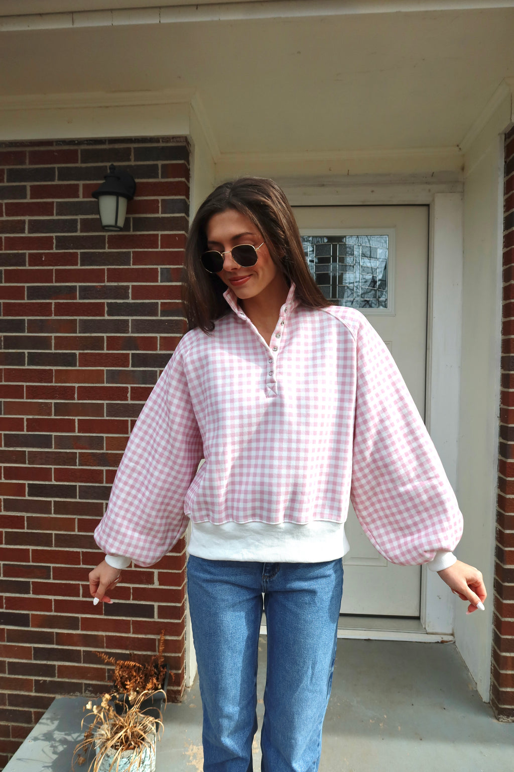 Checkered Snap Pullover- Pink/White