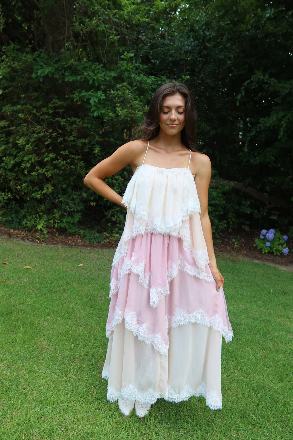 Ophelia Lace Maxi Dress- Pink/Cream