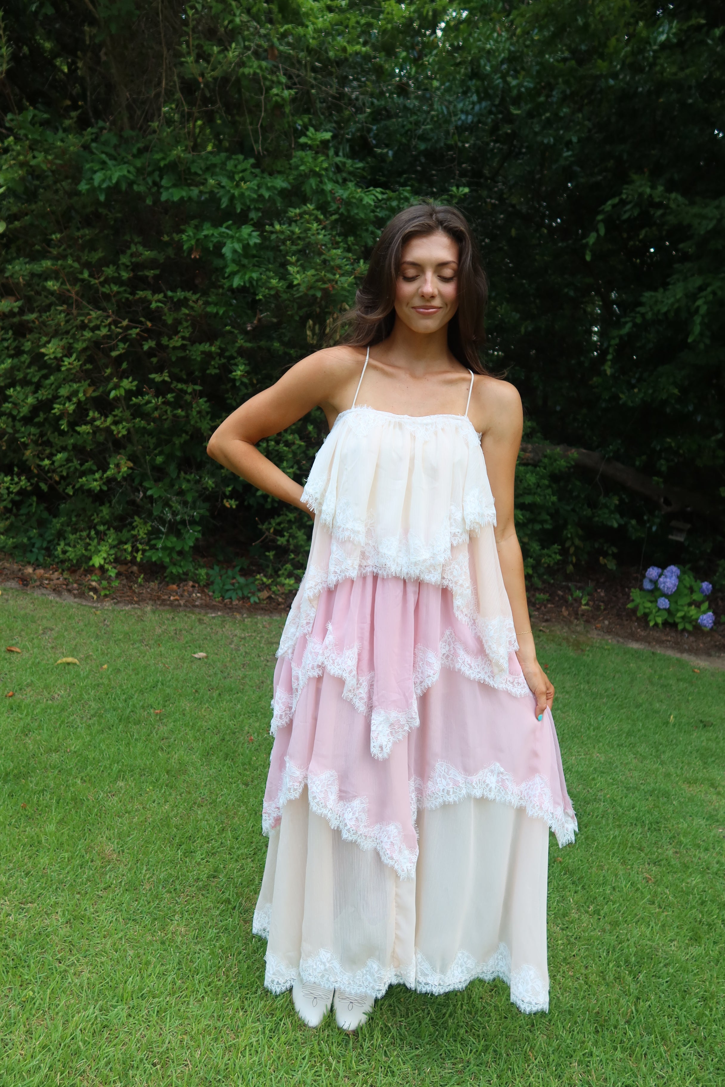 Ophelia Lace Maxi Dress- Pink/Cream