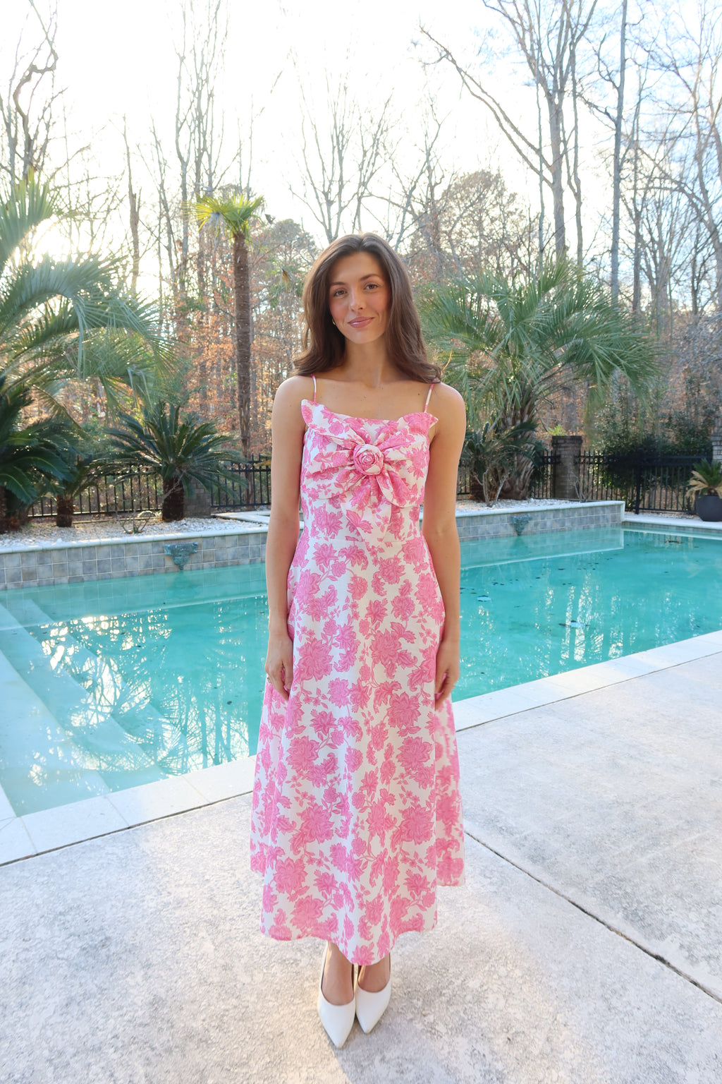 Pink Peony Midi Dress- Pink/White