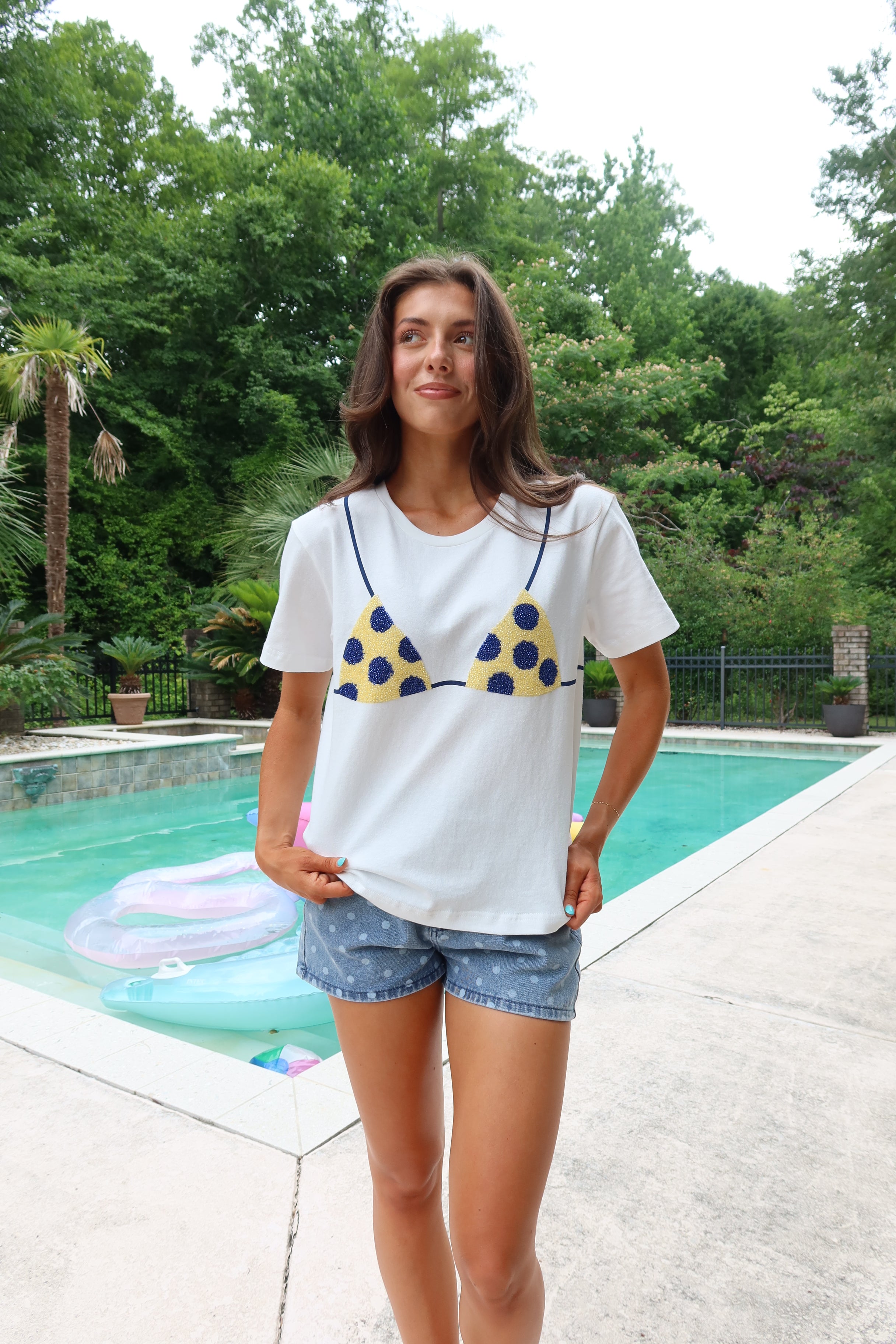 Beaded Polka Dot Bikini Tee- Ivory/Blue/Yellow
