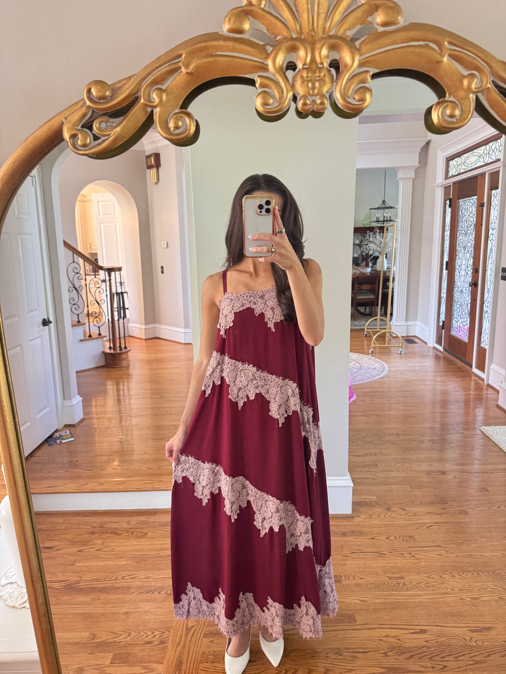 Cranberry Lace Dreams Maxi Dress- Burgundy