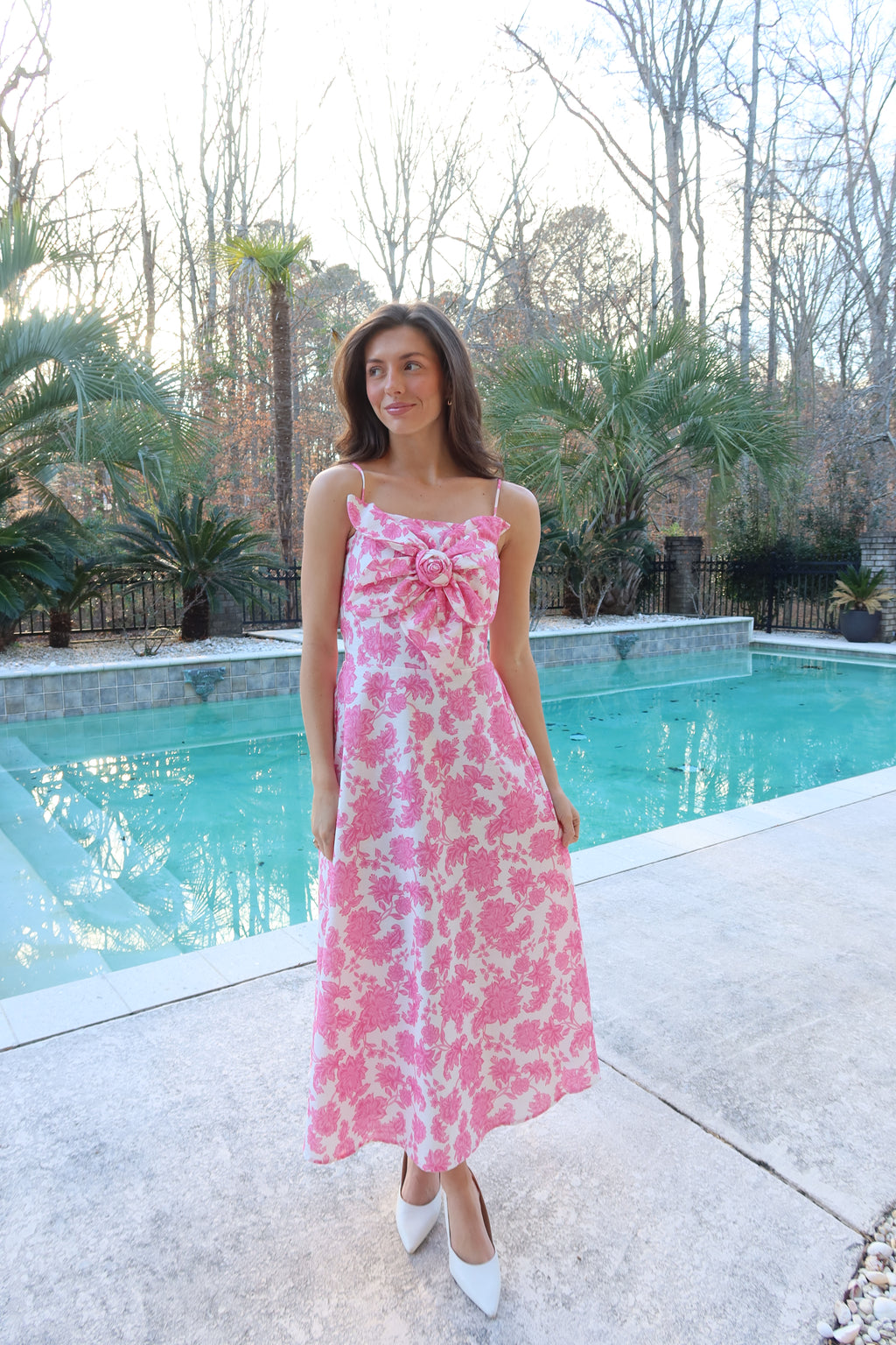 Pink Peony Midi Dress- Pink/White