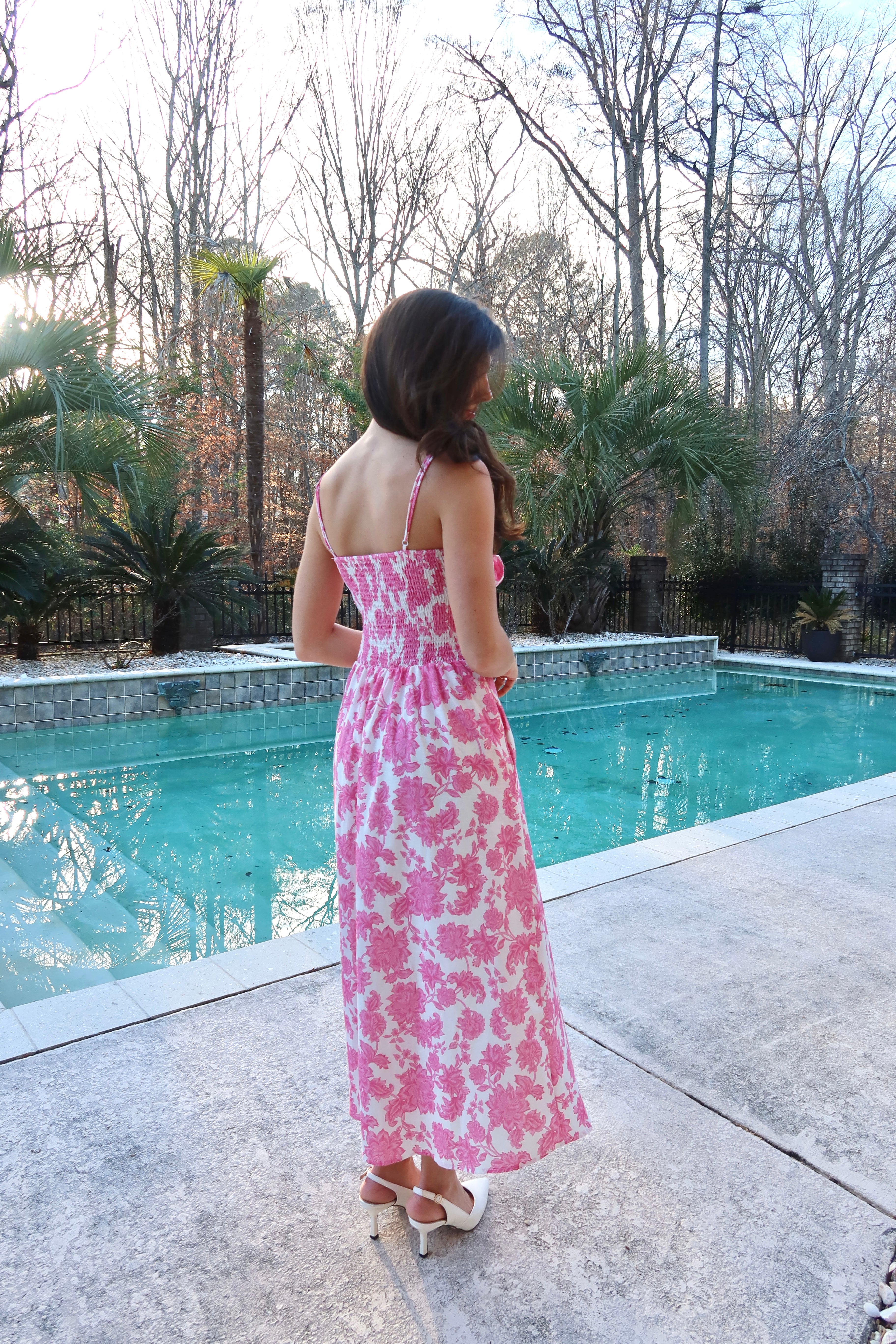 Pink Peony Midi Dress- Pink/White
