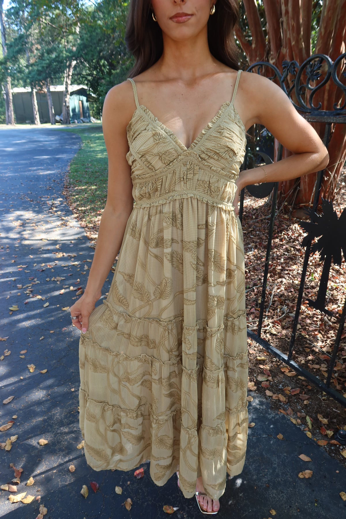 Maple Lane Tiered Maxi Dress- Beige Floral