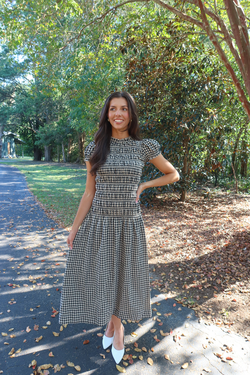 Glenwood Gingham Maxi Dress- Black/Taupe