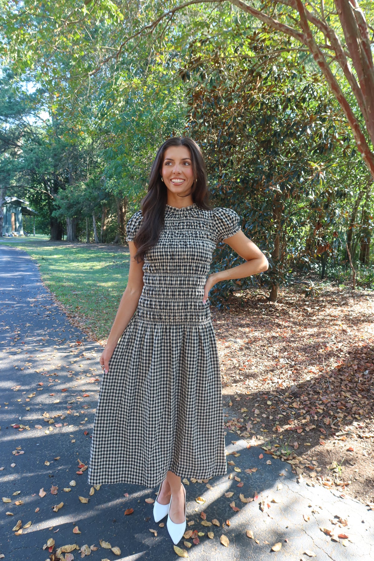 Glenwood Gingham Maxi Dress- Black/Taupe