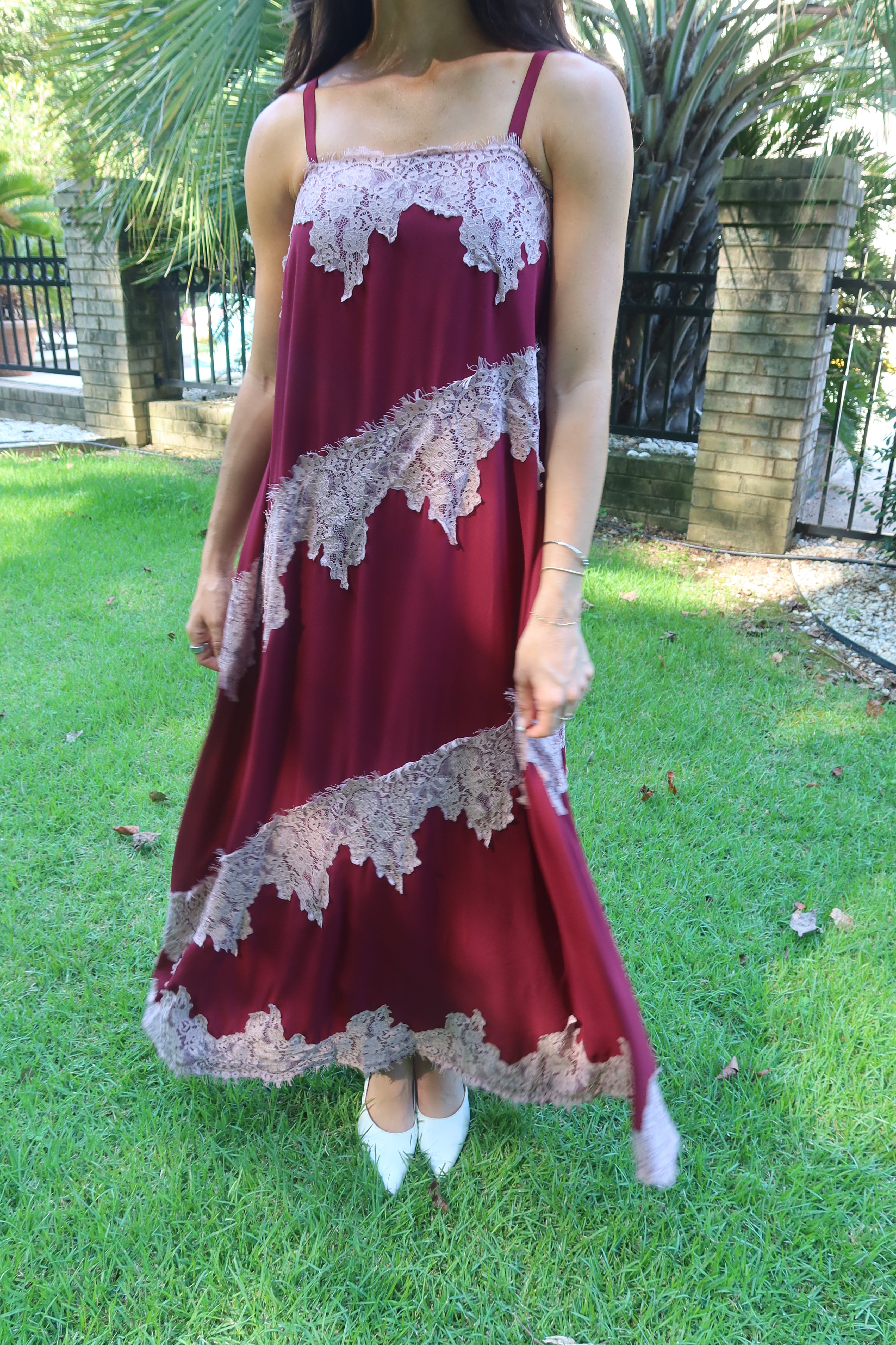 Cranberry Lace Dreams Maxi Dress- Burgundy