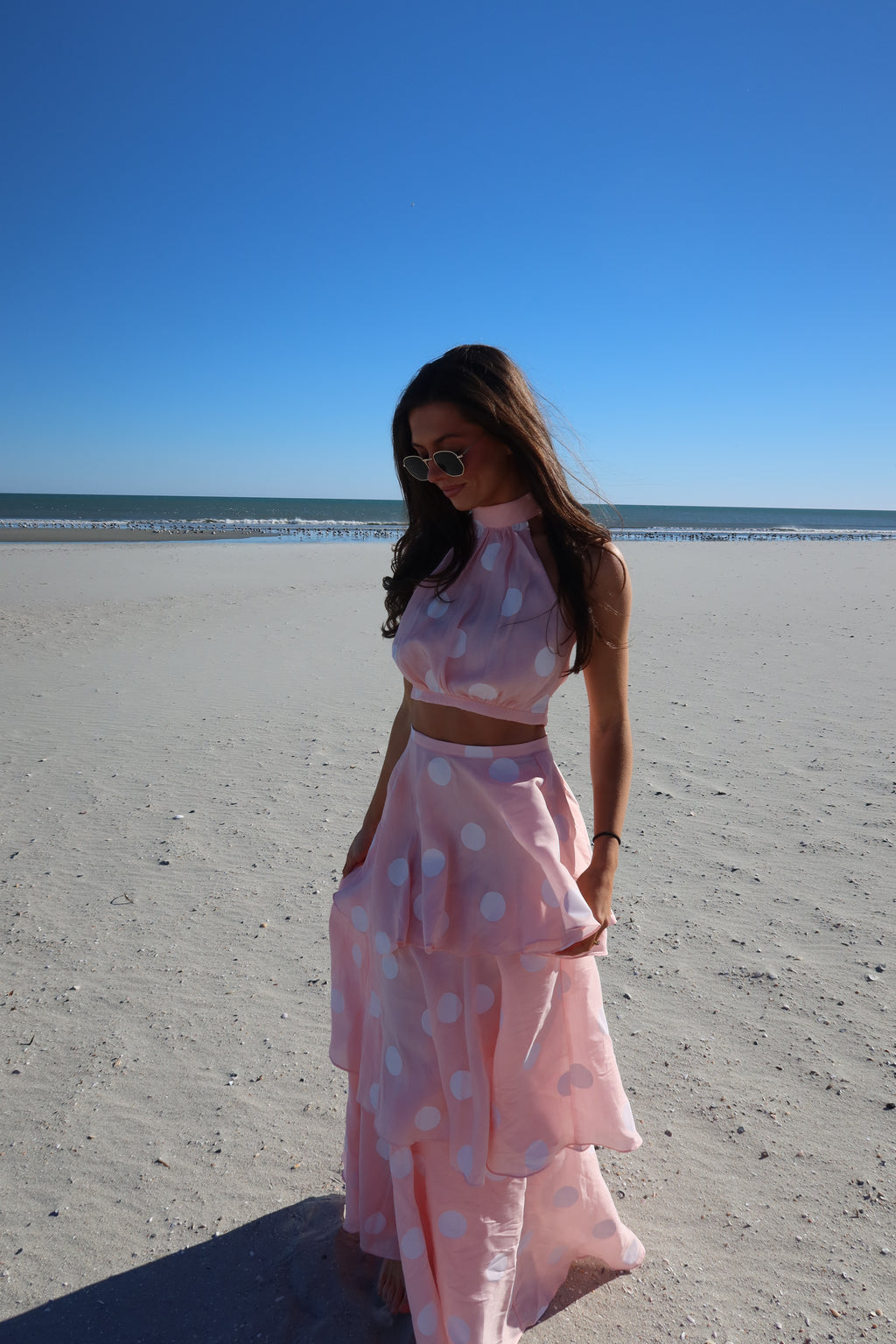 Darling Dot Halter Neck Skirt Set- Pink