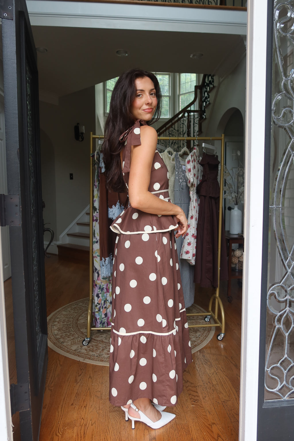 Autumn Social Polka Dot Midi Dress- Brown/Cream