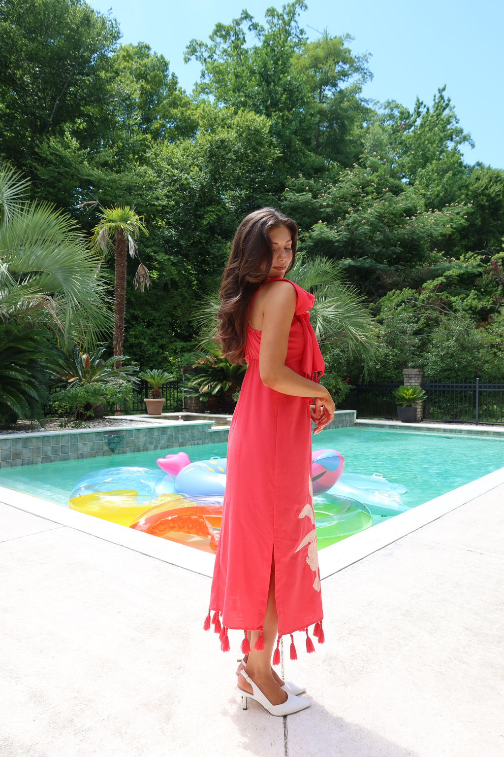 Palm Island Midi Dress- Red/Ecru