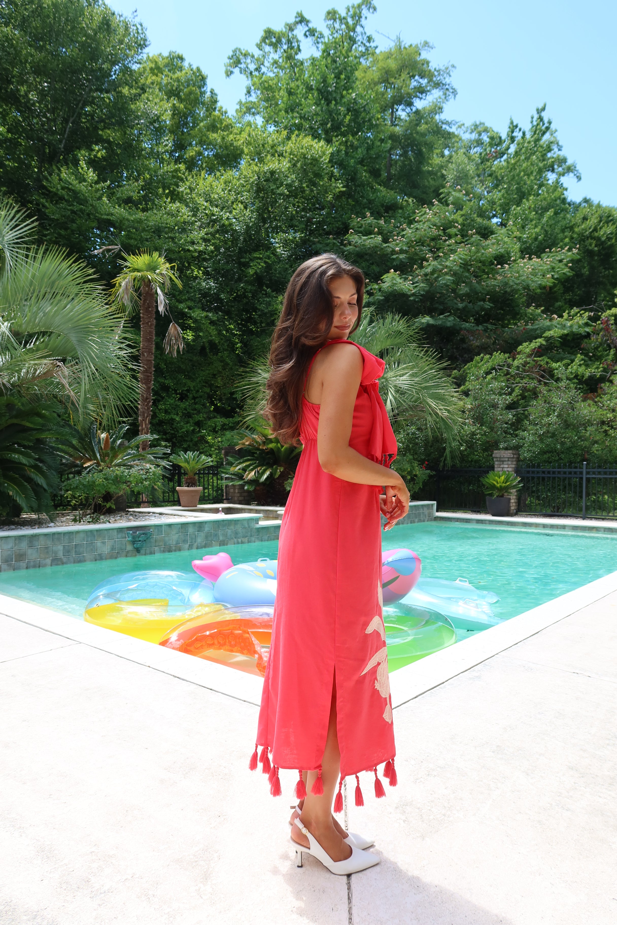 Palm Island Midi Dress- Red/Ecru