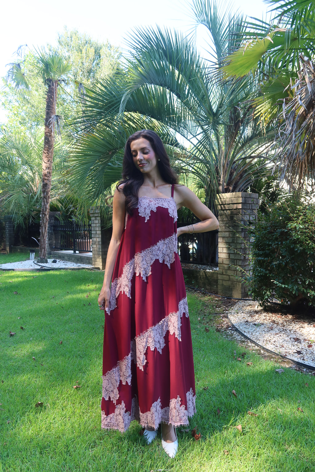 Cranberry Lace Dreams Maxi Dress- Burgundy