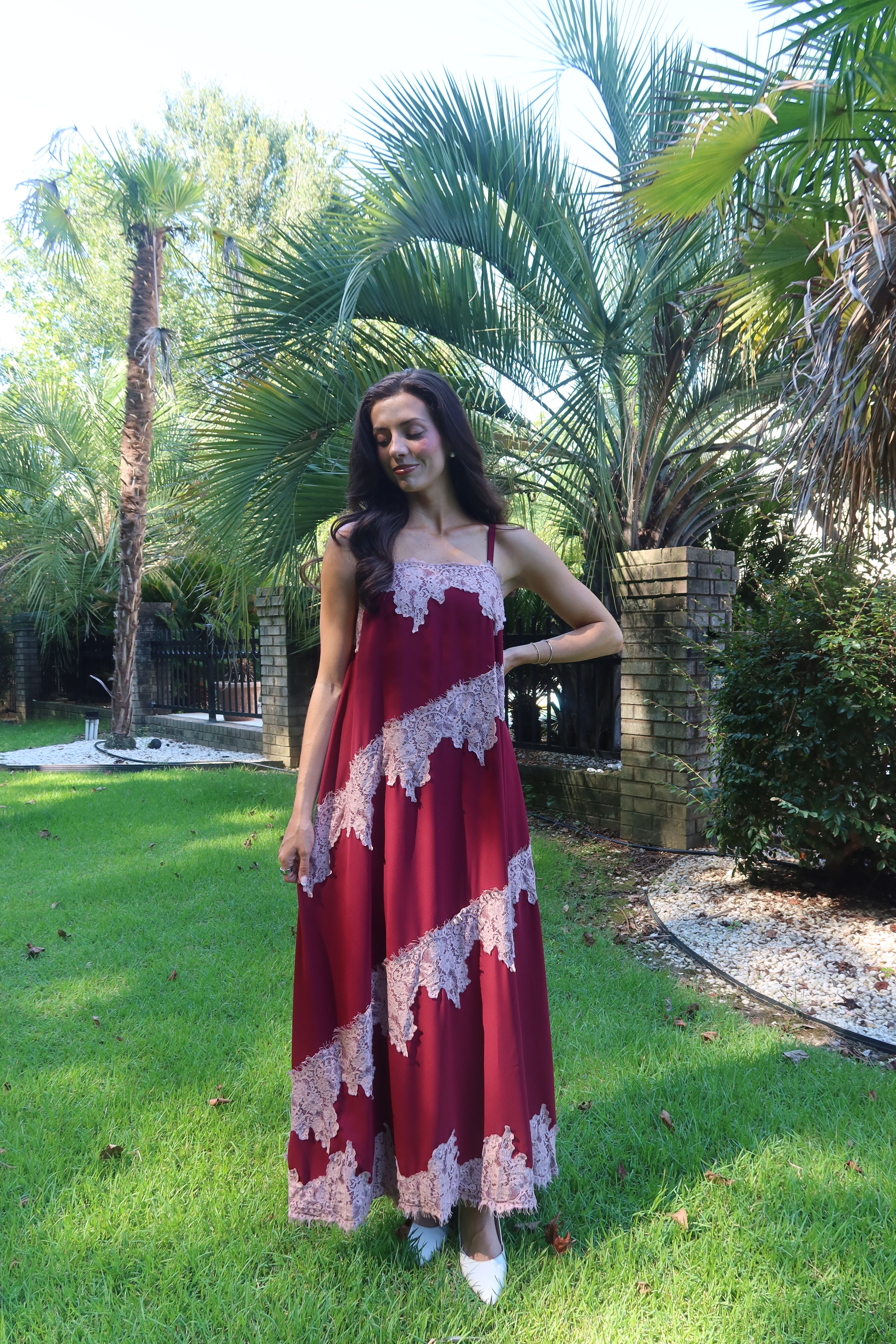 Cranberry Lace Dreams Maxi Dress- Burgundy