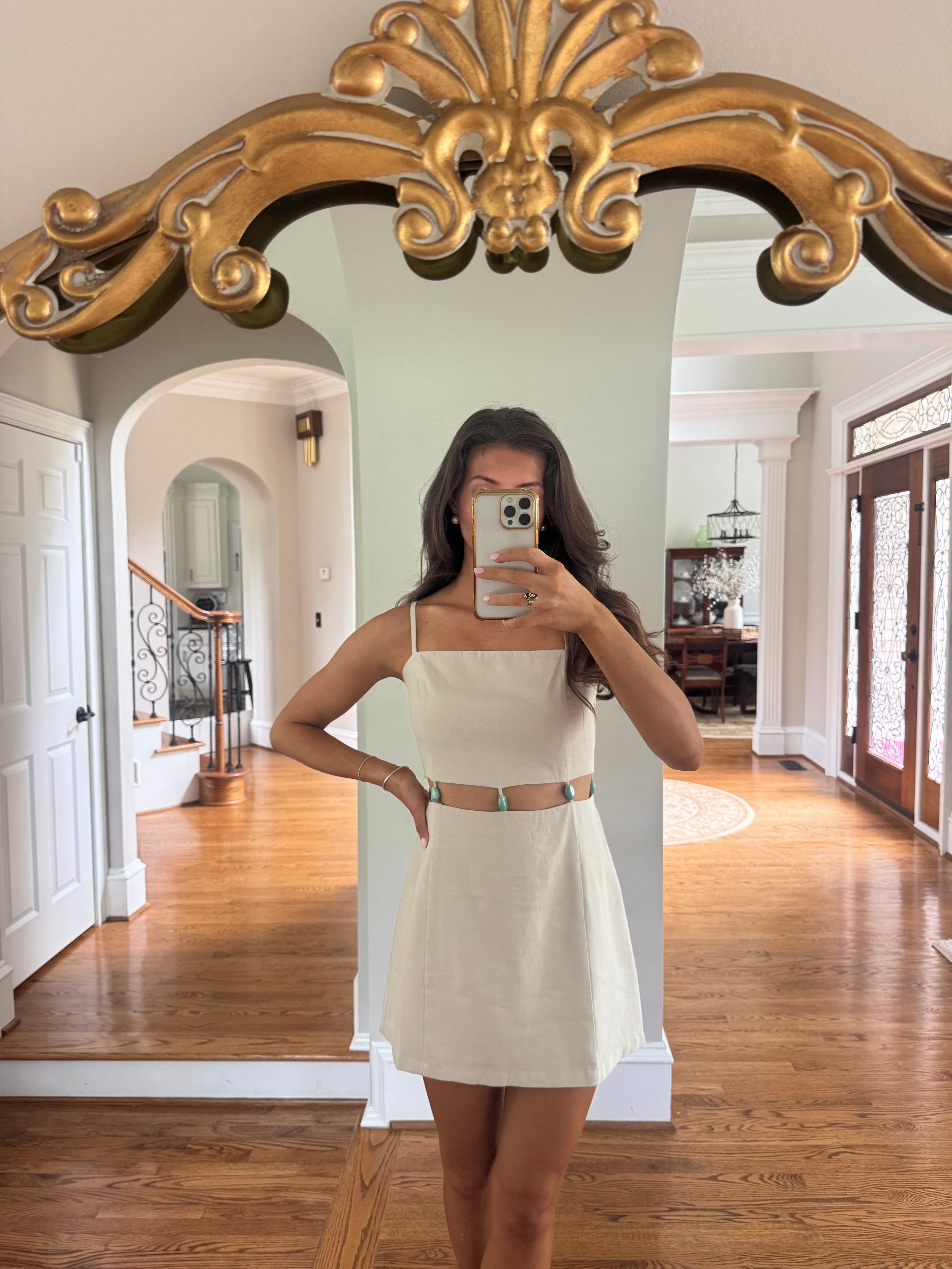 Sea Glass Beaded Mini Dress- Beige