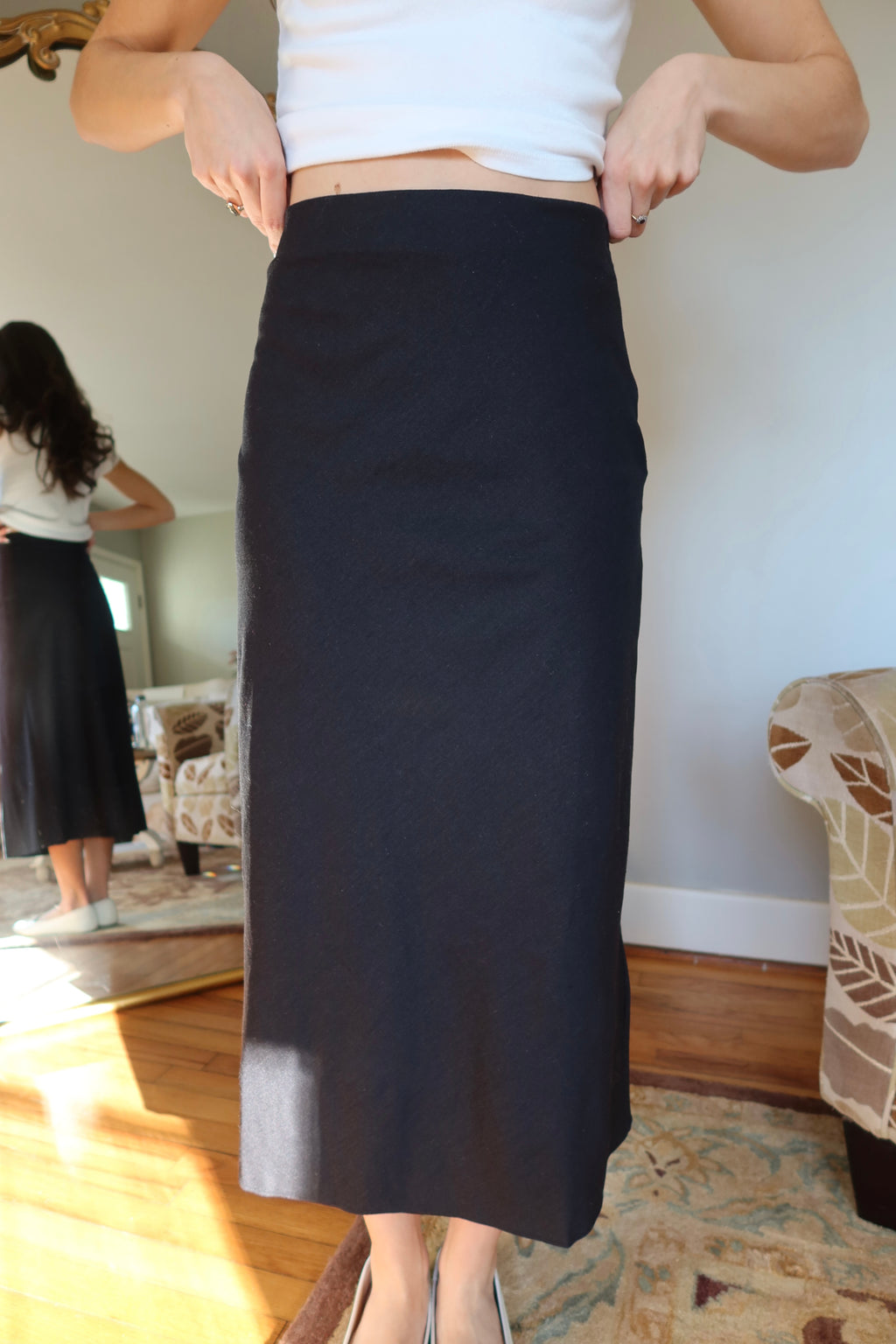 Linen Midi Skirt- Black