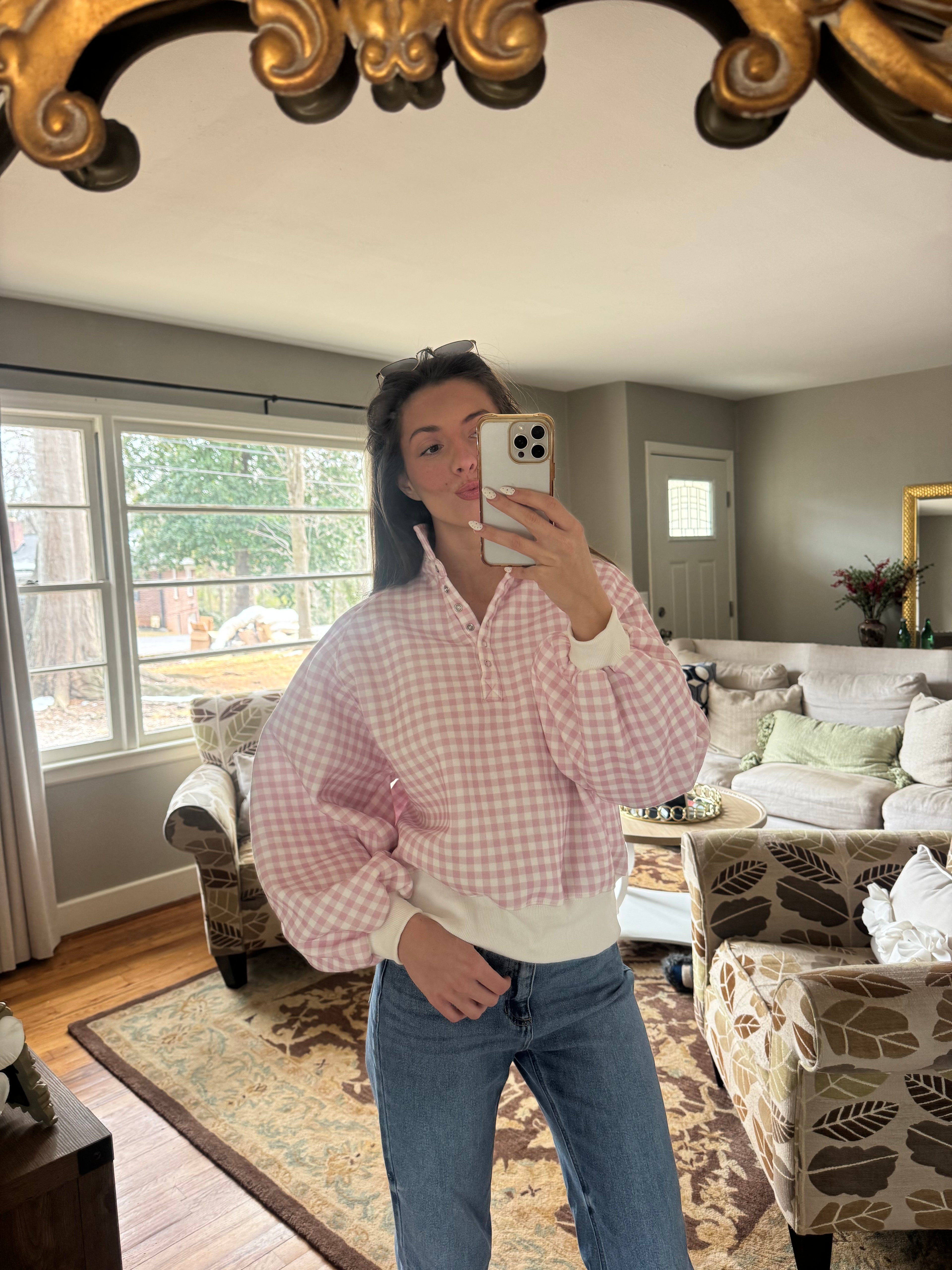 Checkered Snap Pullover- Pink/White