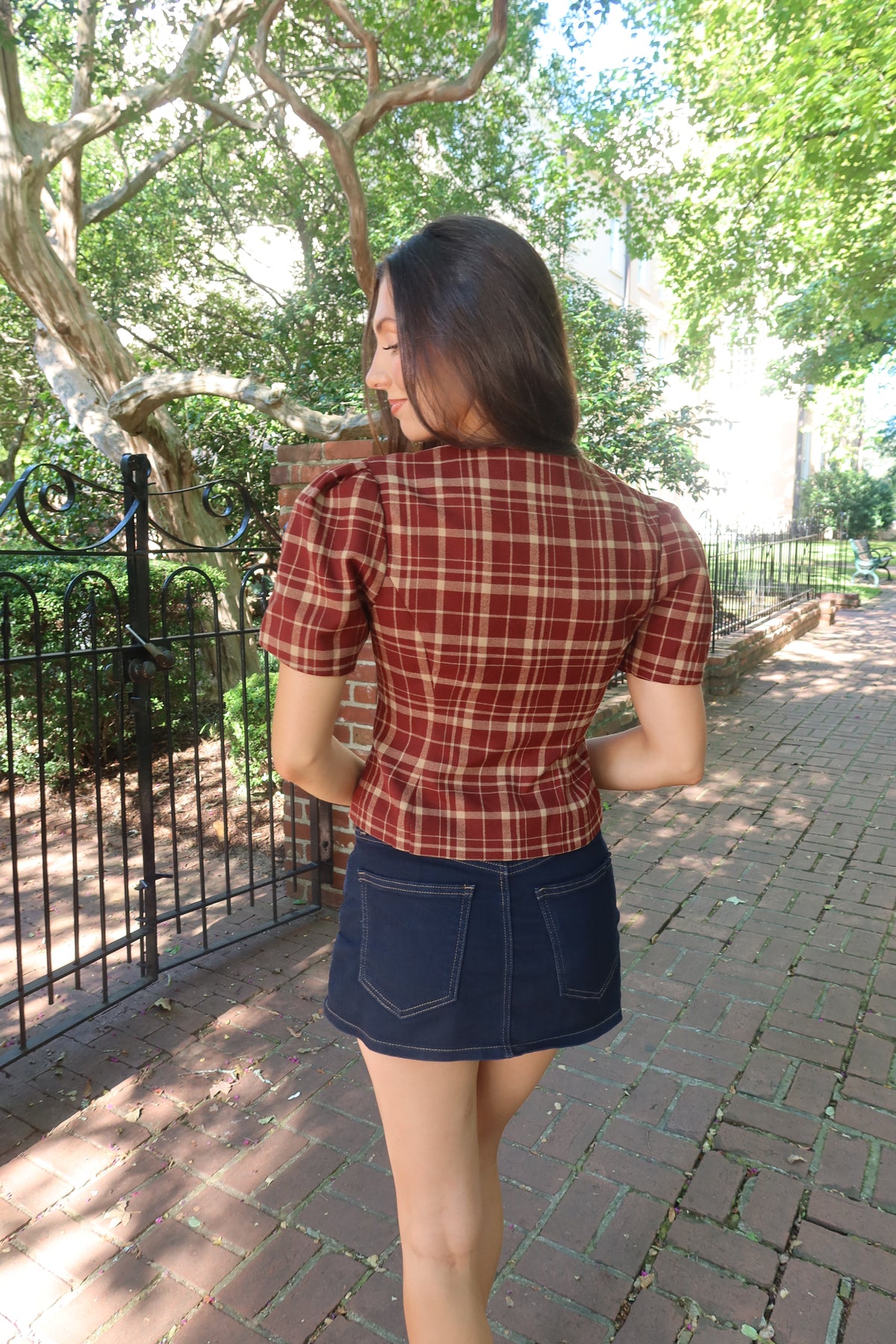 Polly Plaid Top- Burgundy/Taupe