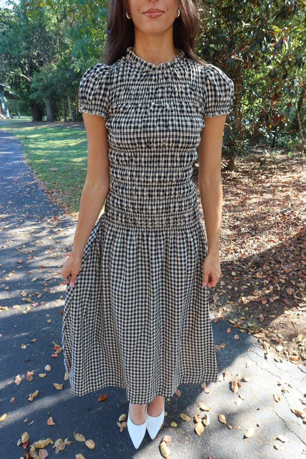 Glenwood Gingham Maxi Dress- Black/Taupe