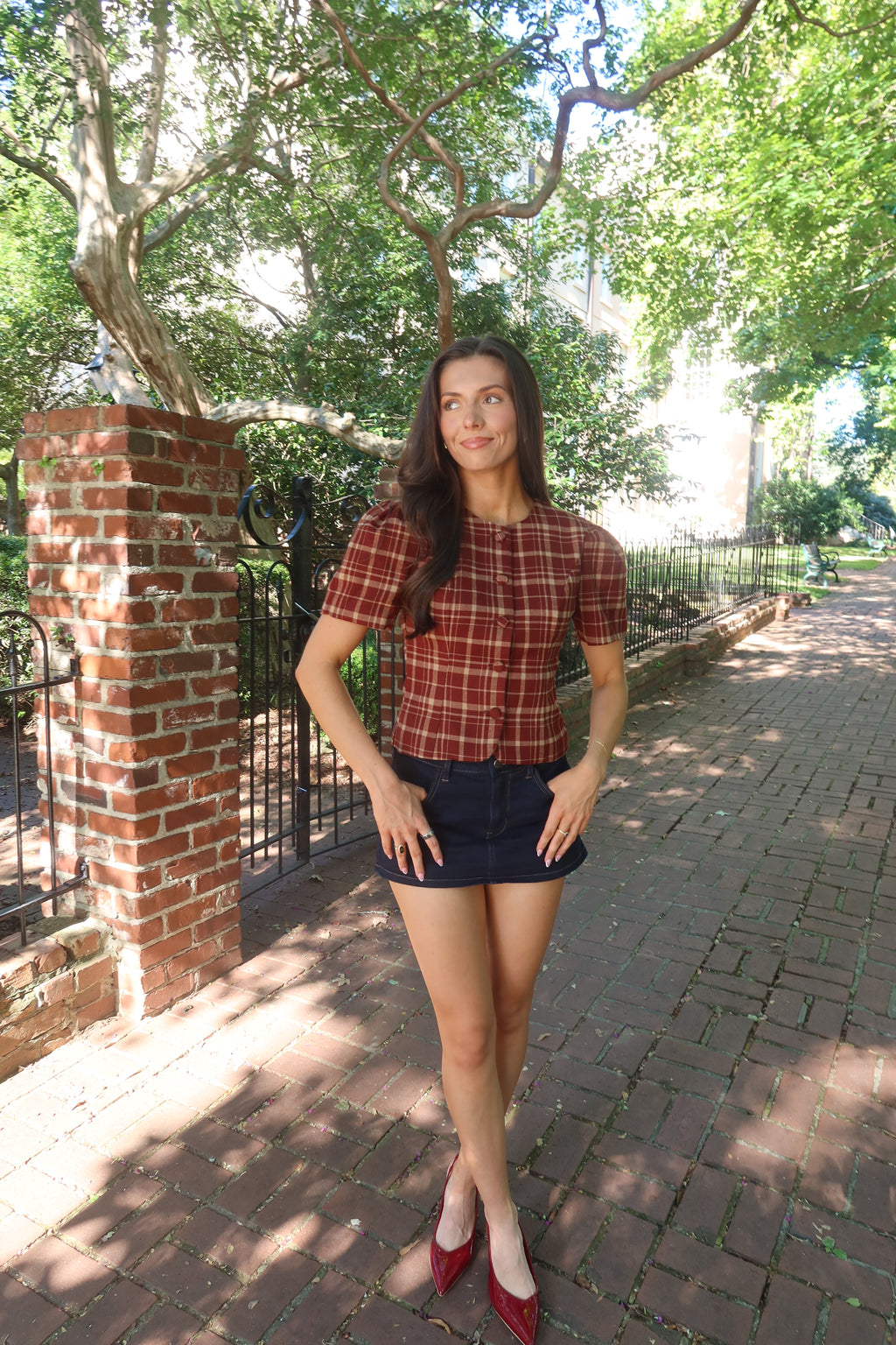 Polly Plaid Top- Burgundy/Taupe