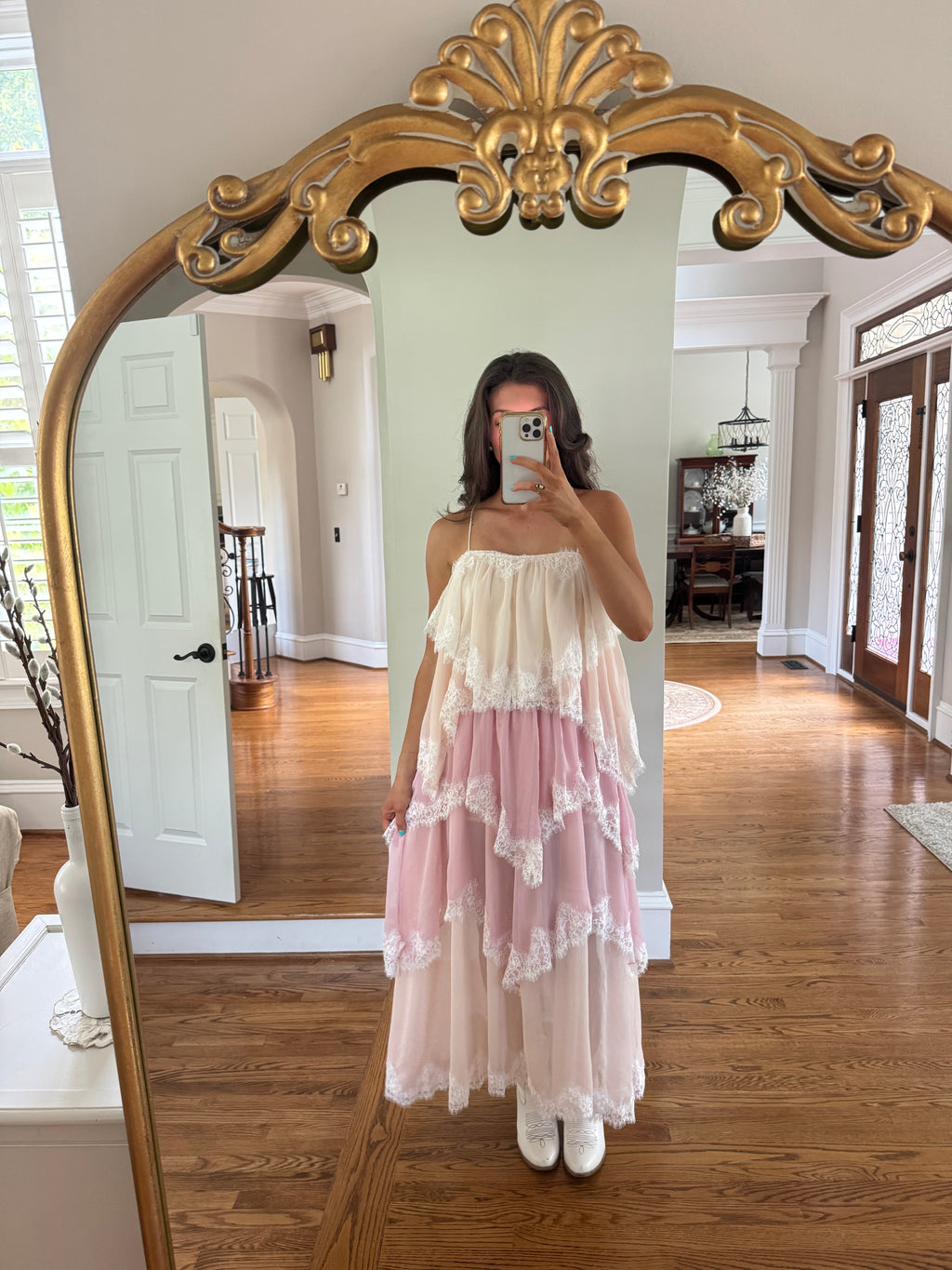 Ophelia Lace Maxi Dress- Pink/Cream