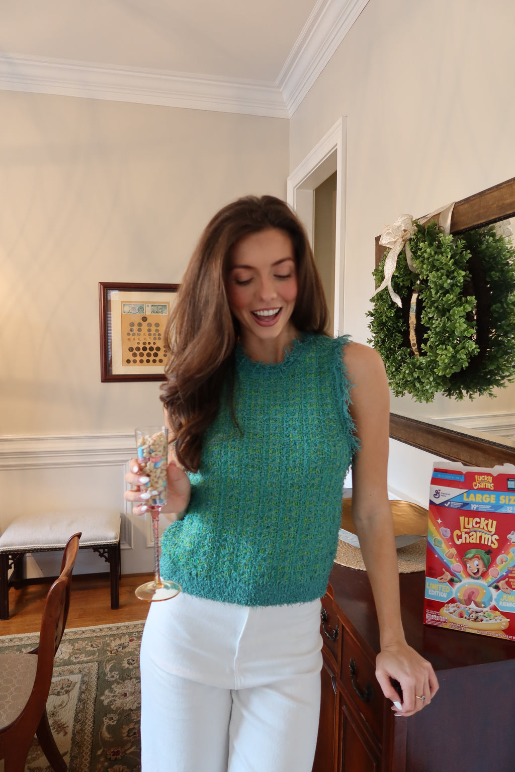 Lucky Girl Tweed Knit Vest- Green