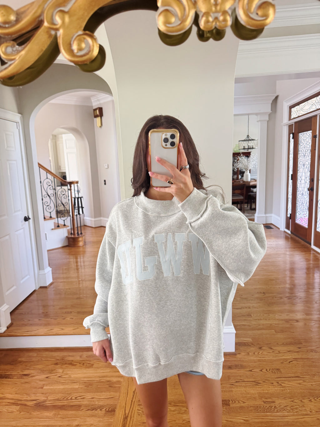 WWJD Embroidered Sweatshirt- Heather Grey/Blue Stripe