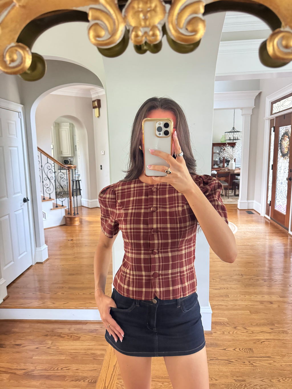 Polly Plaid Top- Burgundy/Taupe