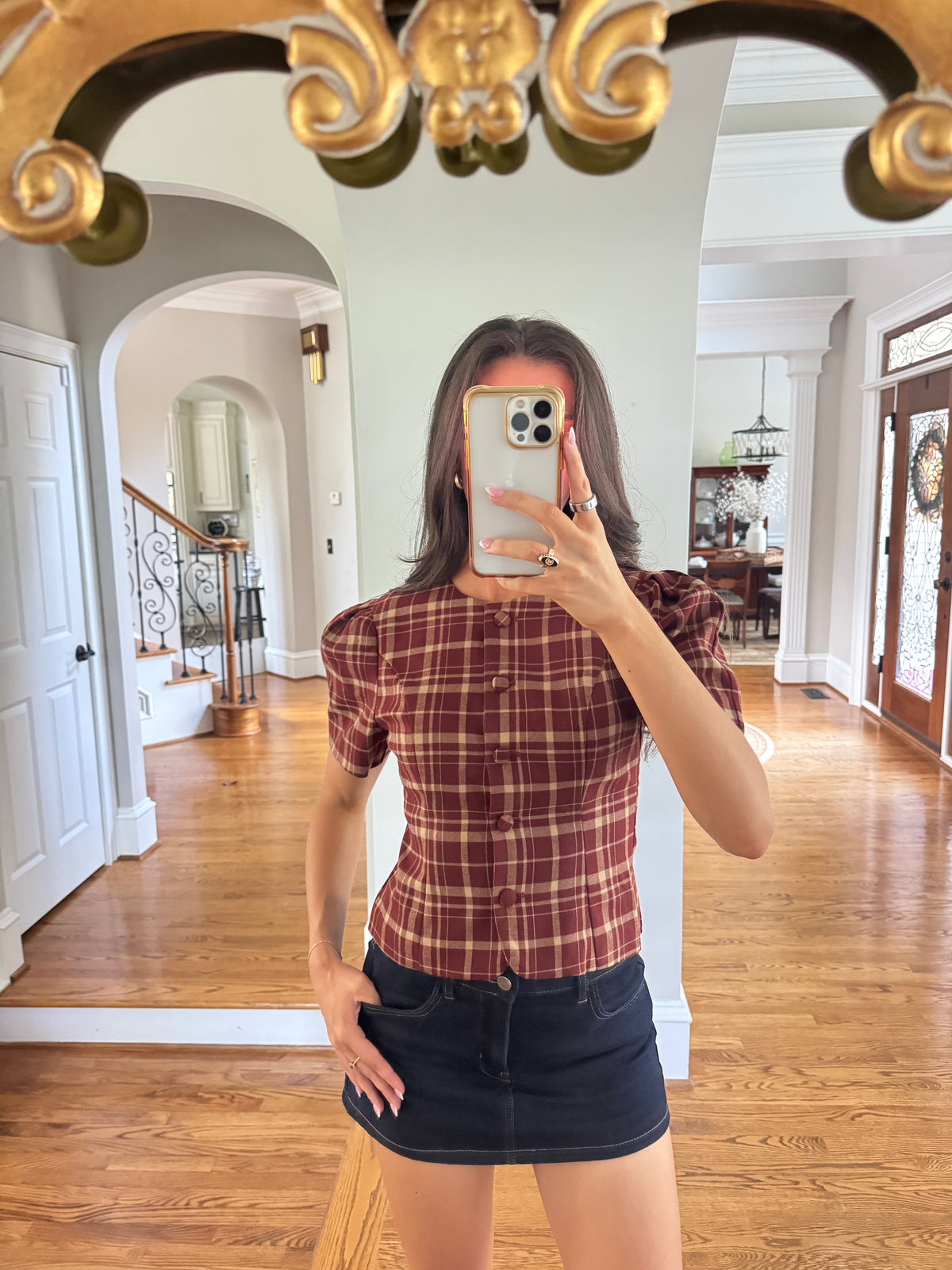 Polly Plaid Top- Burgundy/Taupe