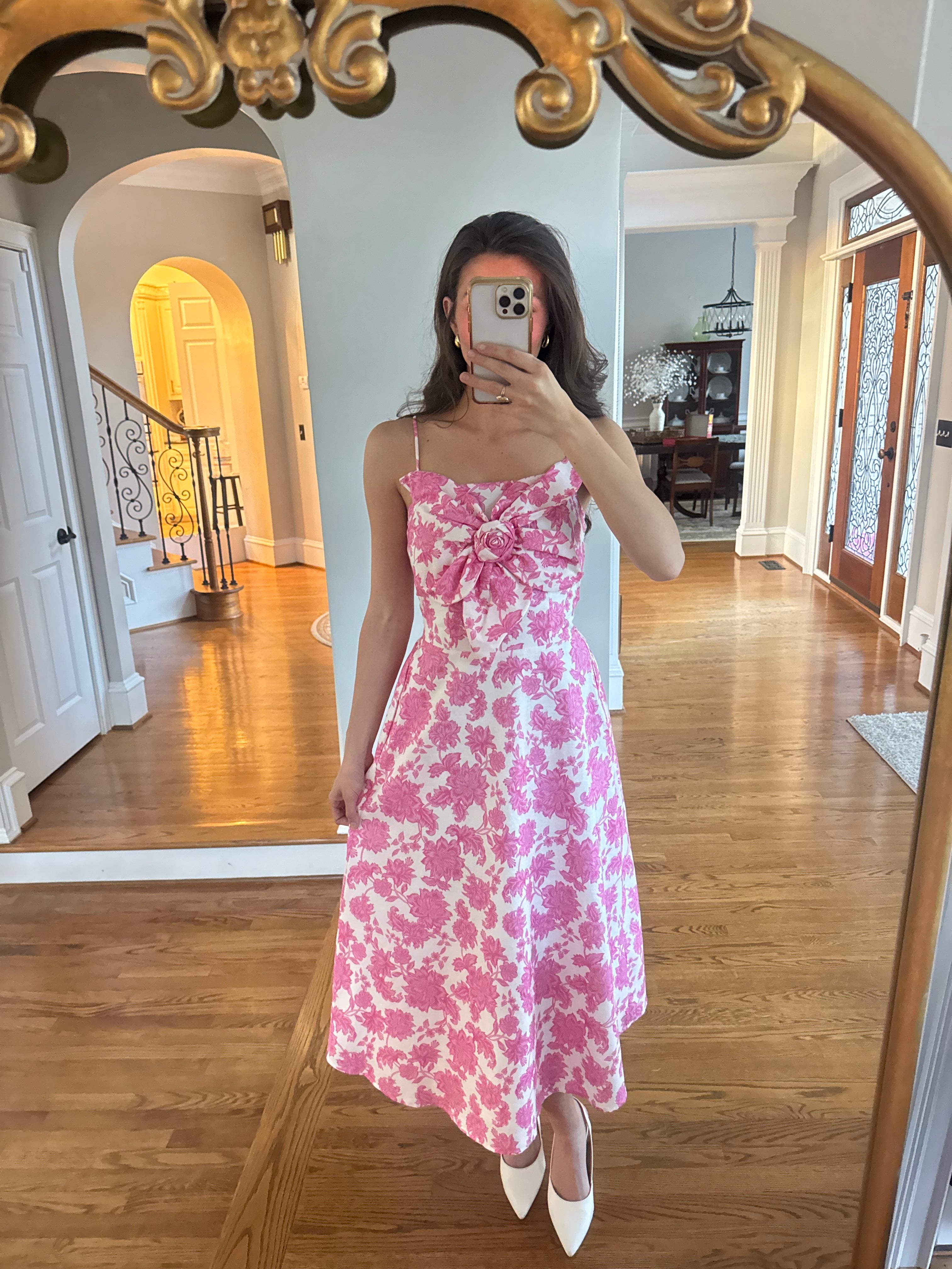 Pink Peony Midi Dress- Pink/White