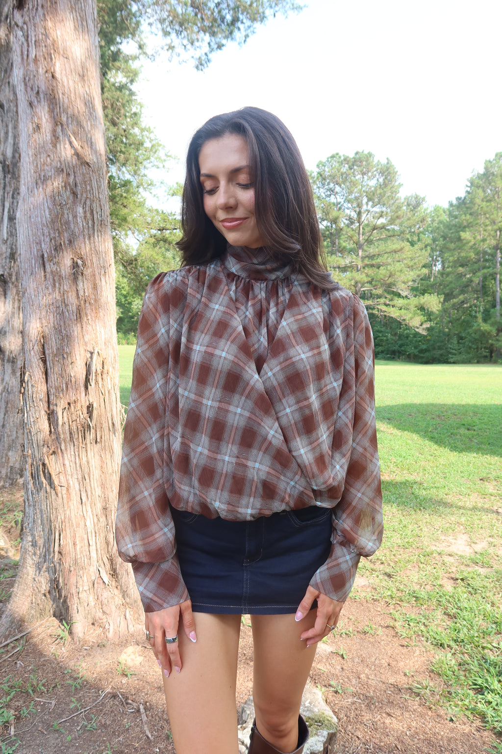 Audrey Plaid Blouse- Brown/Light Blue
