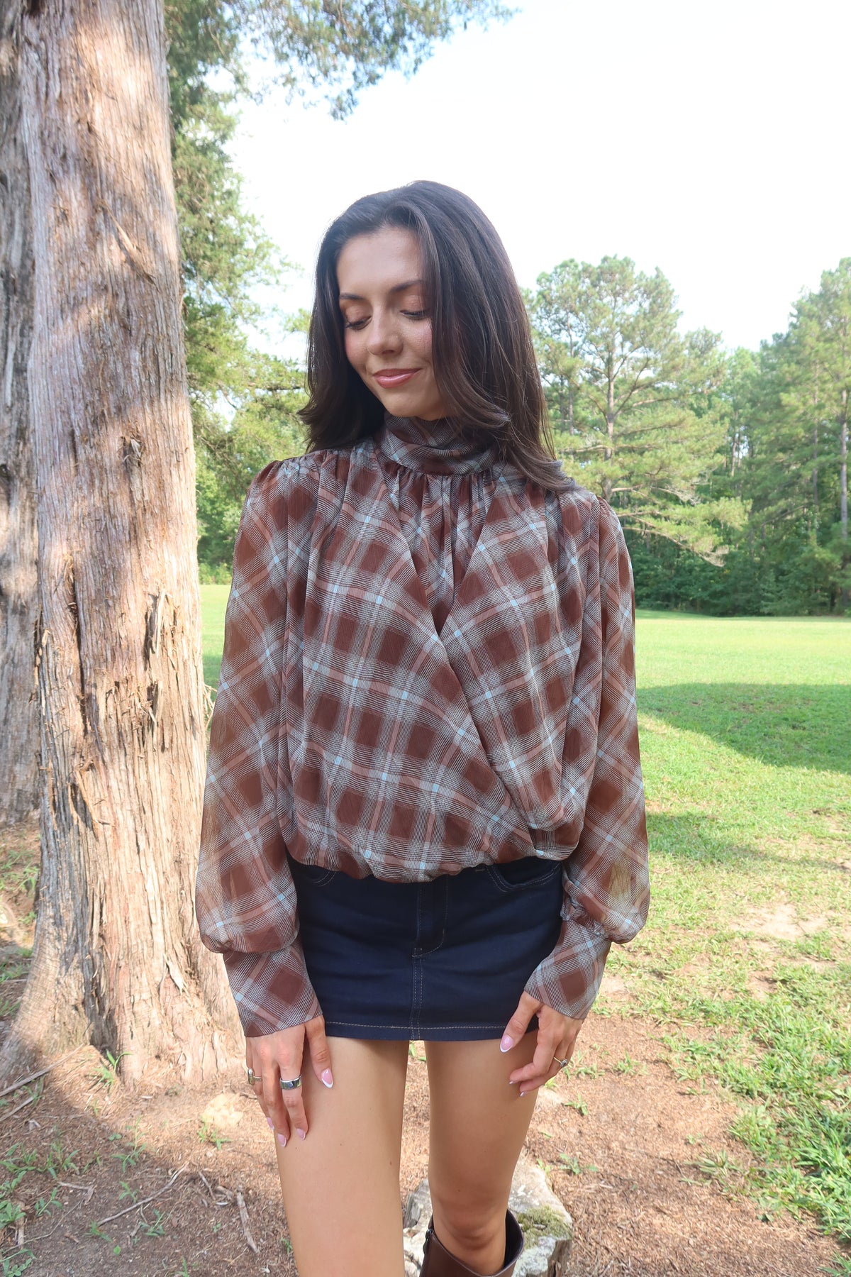Audrey Plaid Blouse- Brown/Light Blue