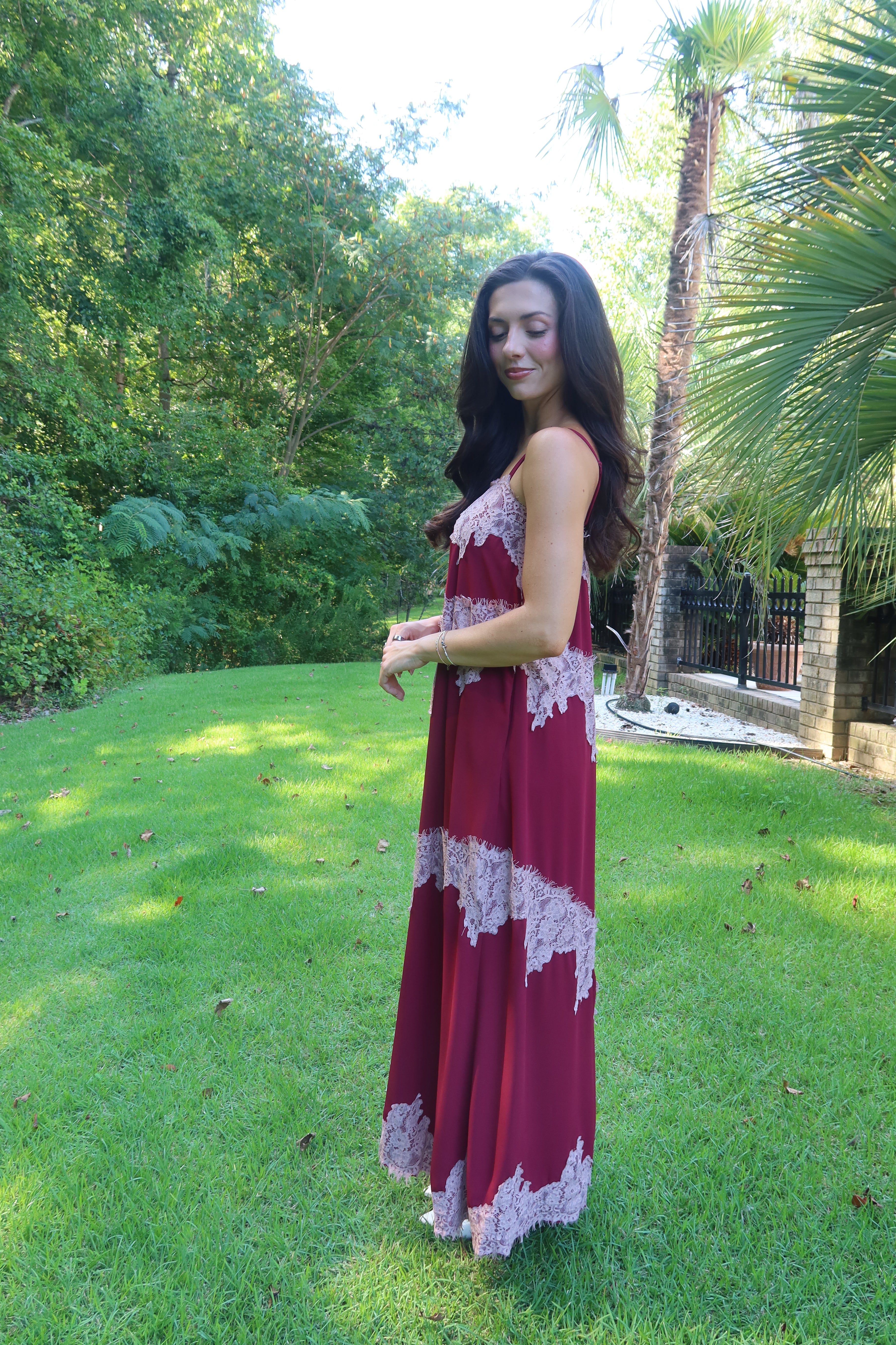Cranberry Lace Dreams Maxi Dress- Burgundy