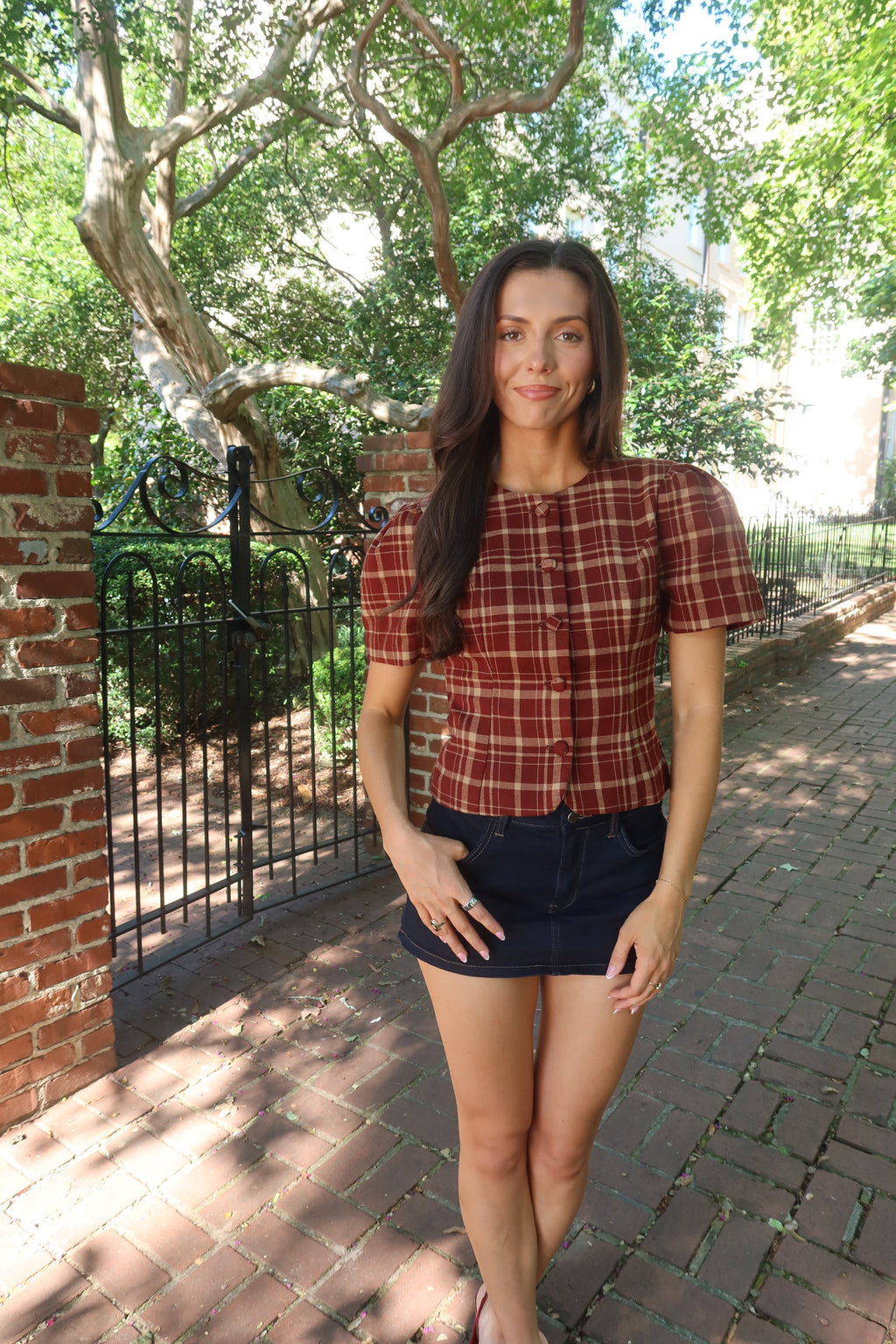 Polly Plaid Top- Burgundy/Taupe