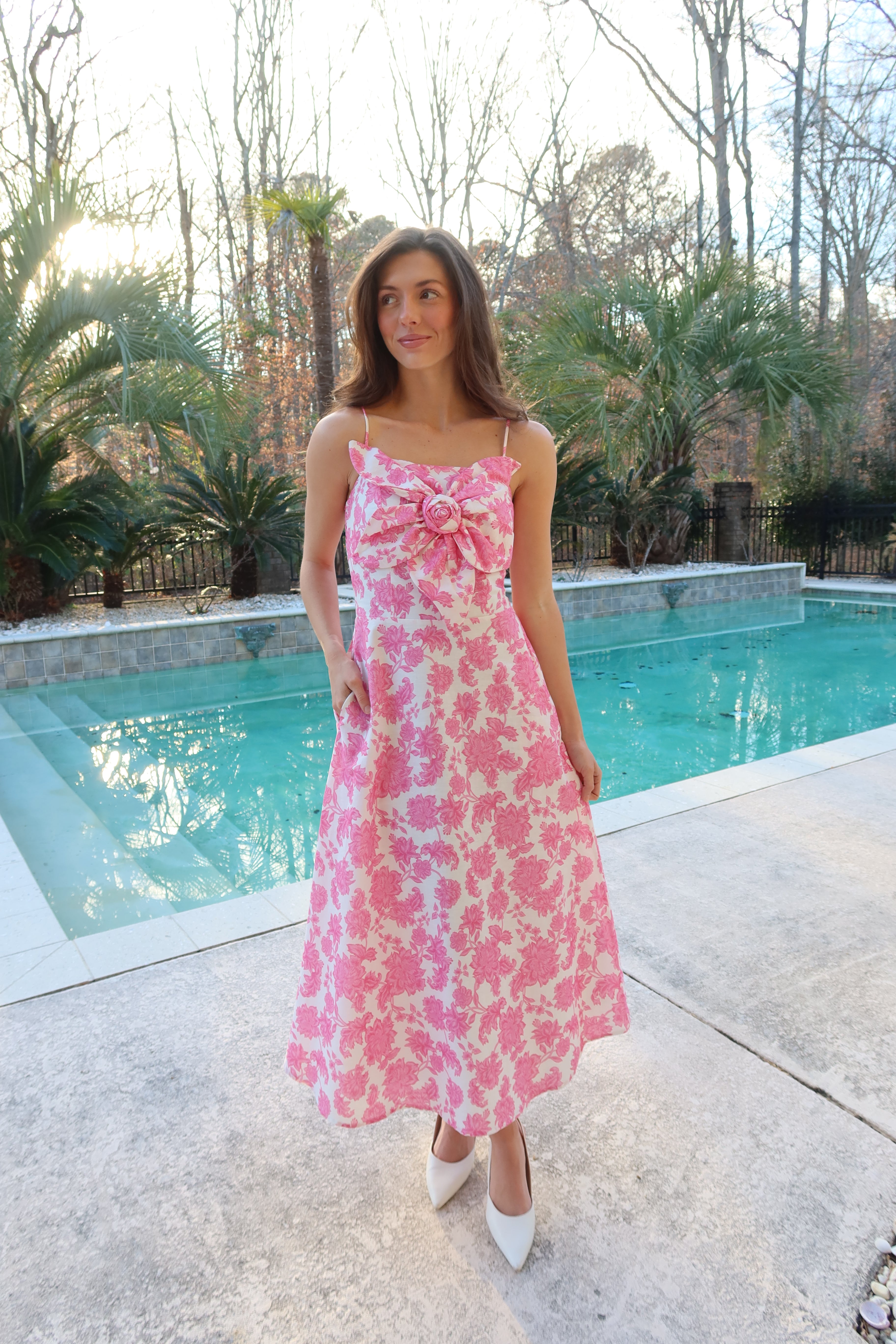 Pink Peony Midi Dress- Pink/White