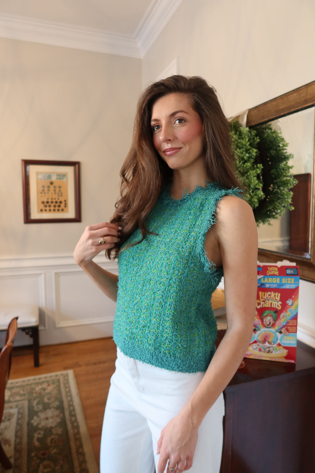 Lucky Girl Tweed Knit Vest- Green