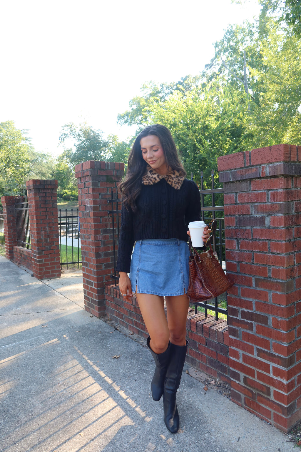Leopard Fur Collar Cardigan- Black/Leopard