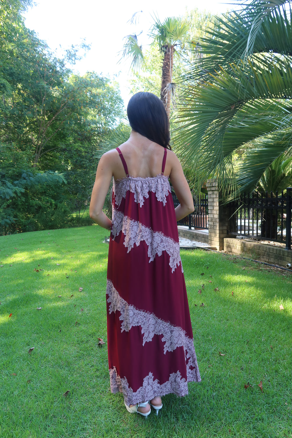 Cranberry Lace Dreams Maxi Dress- Burgundy