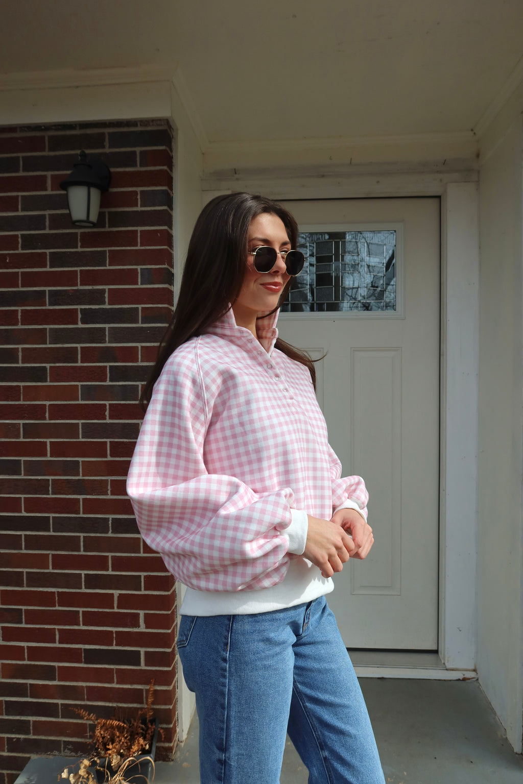 Checkered Snap Pullover- Pink/White