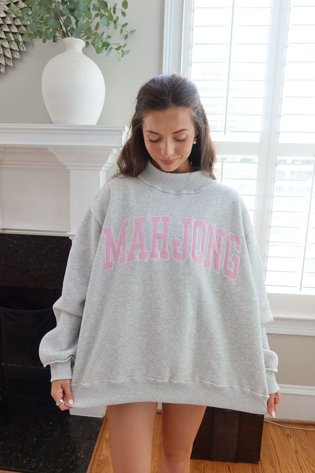 Mahjong Embroidered Sweatshirt- Heather Grey/Pink Stripe