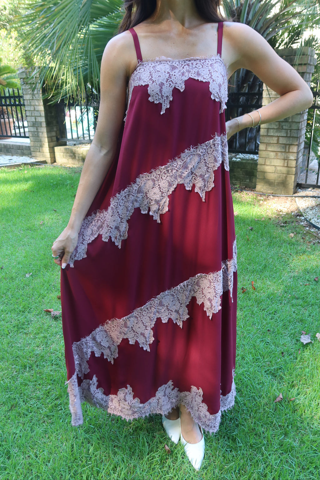 Cranberry Lace Dreams Maxi Dress- Burgundy
