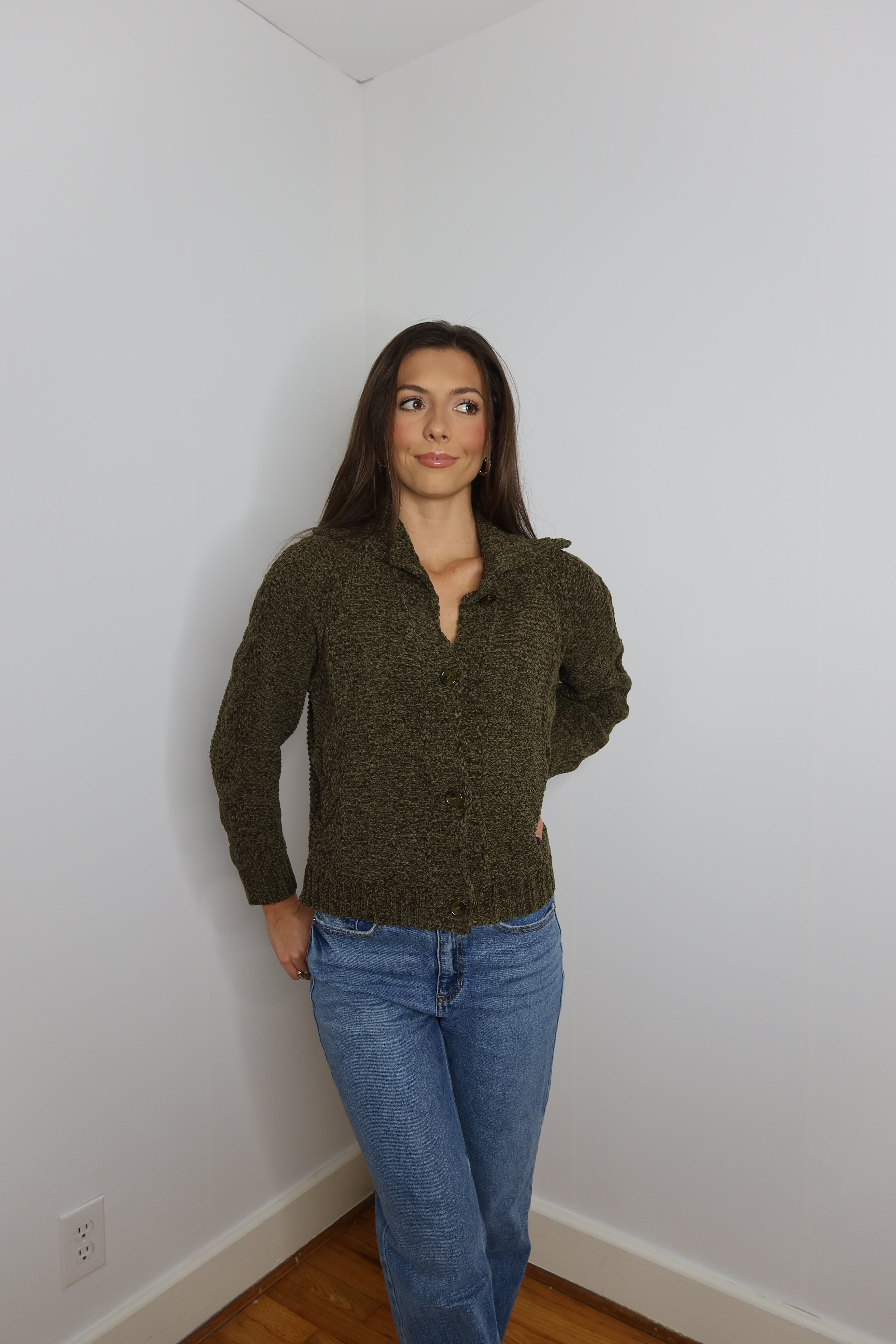 Janie Collar Cardigan- Olive